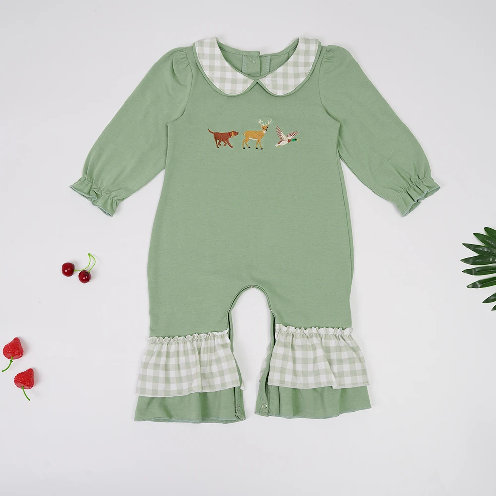 0-3T Infant Outfits Baby Girl Clothes Toddler Romper Cute Animal Embroidery Bodysuit One Piece Long Green Sleeve Pants Jumpsuit