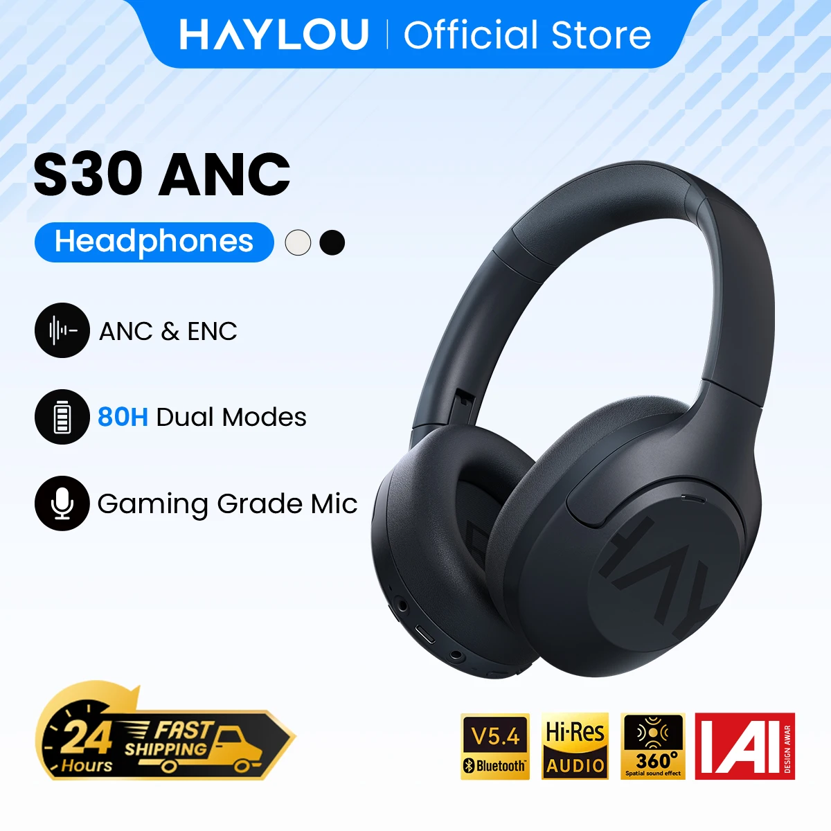 HAYLOU S30 Wireless Bluetooth 5.4 Headphones 43dB Adaptive Noise Cancelling Headsets 40mm Driver 80H Playtime Earphones