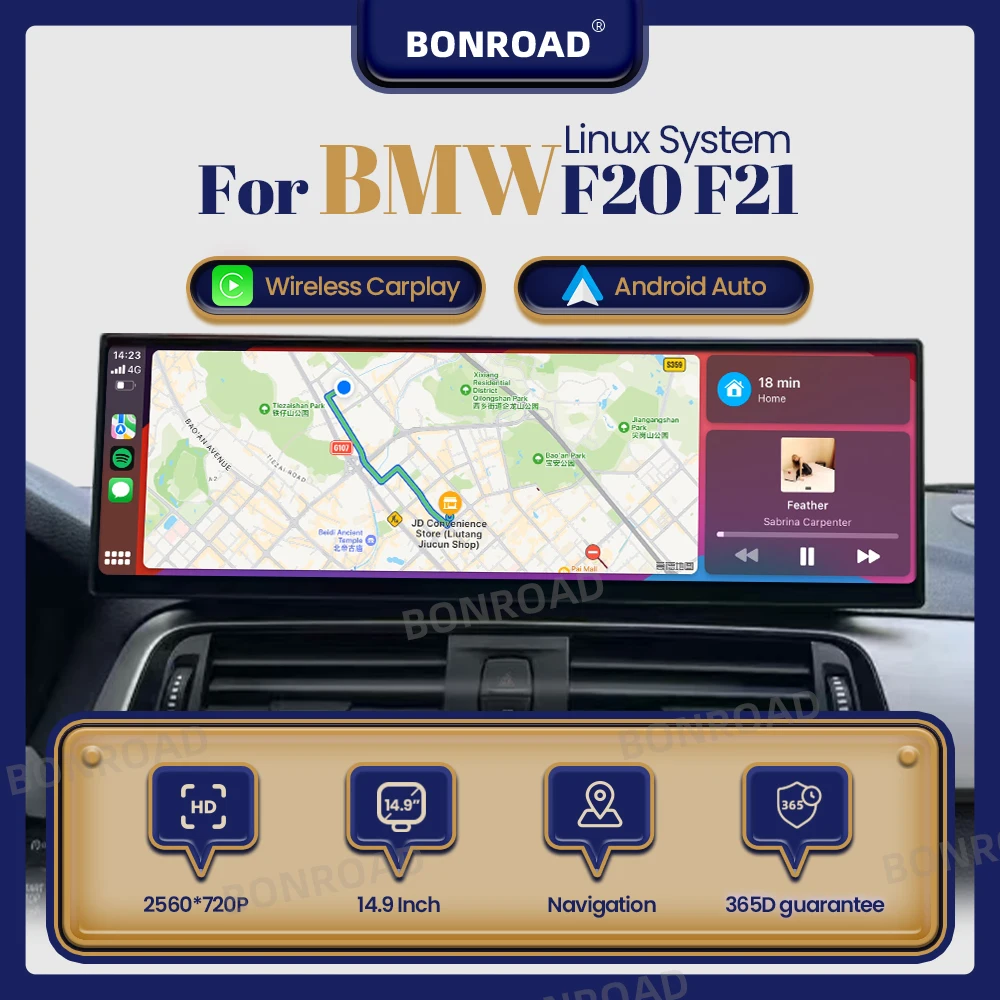 BONROAD 14.9" Autoradio multimédia Linux avec CarPlay sans fil pour BMW F20 F21 F22 F23 avec Android Auto GPS écran tactile