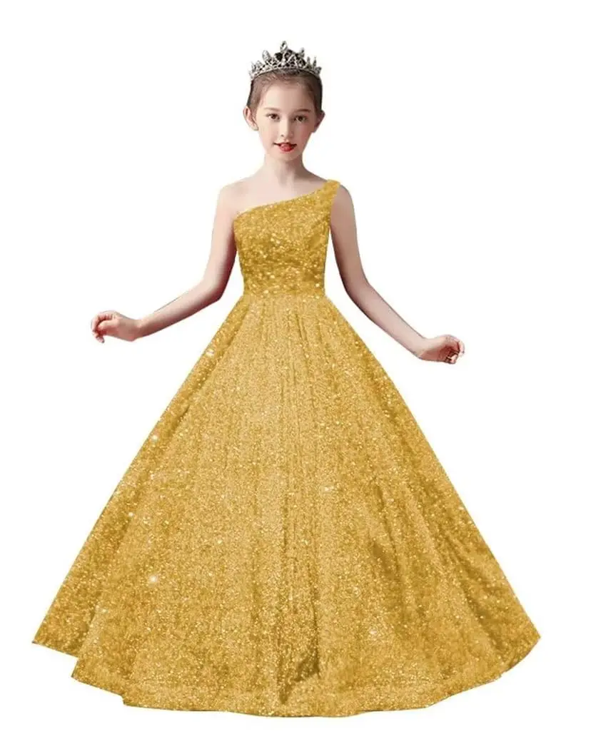 Vestidos de tul con lentejuelas brillantes para niñas, vestido de fiesta Simple con nudo de lazo, ropa Formal para niños, un hombro