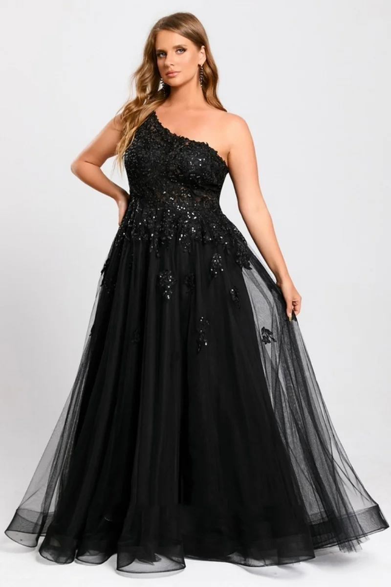 Jessica czarne suknie wieczorowe cekinowe hafty suknie balowe seksowne jedno ramię tiulowa linia A Vestidos De Fiesta dostosowane