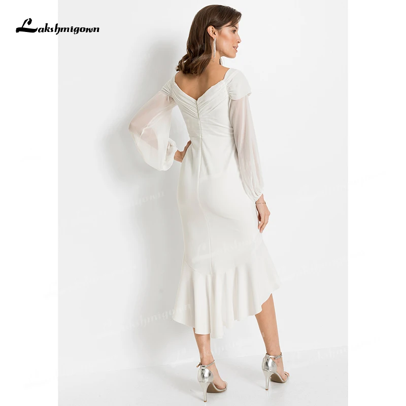 Boho v-neck completo lanterna manga cintura alta plissado alta/baixa mid-calf sereia vestidos de casamento de cetim macio vestido de noiva com zíper