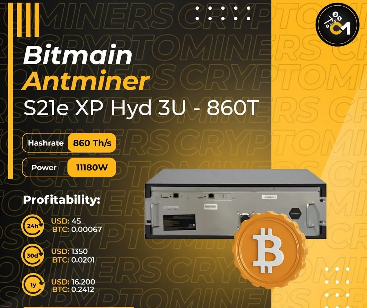 

Fast Shipping Bitmain Antminer S21e XP Hydro 3U 860 TH/s 11180W Bitcoin Miner