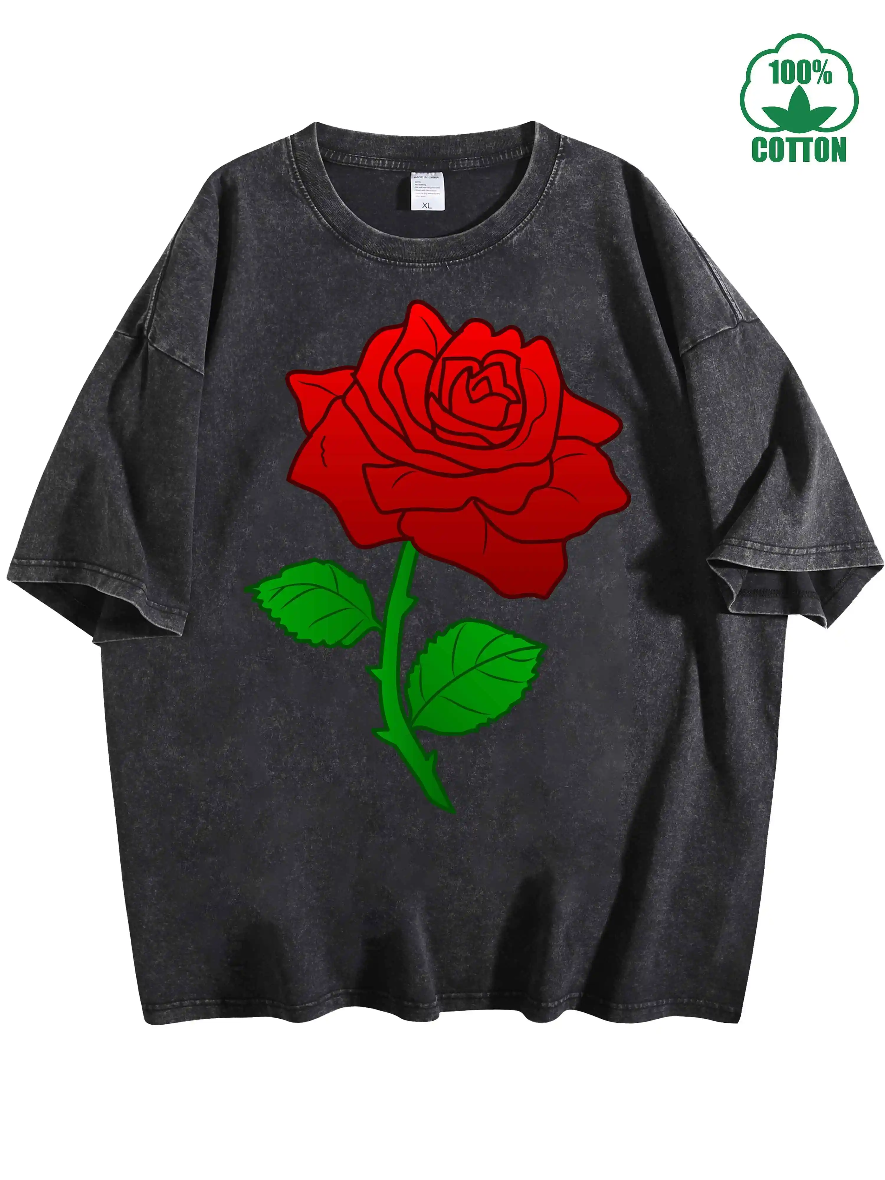 

Bloody Rose Crimson Love 100% Cotton Vintage Washed T-Shirt 230g Comfortable Oversized Streetwear For