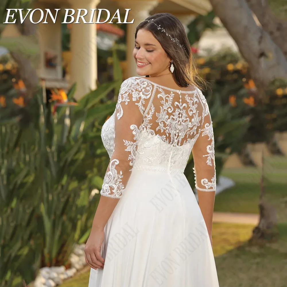 EVON BRIDAL Civil 3/4 Sleeves Wedding Dress Plus Size V-Neck Chiffon Applique Bride Gown Vestido De Novia A-Line Button Back