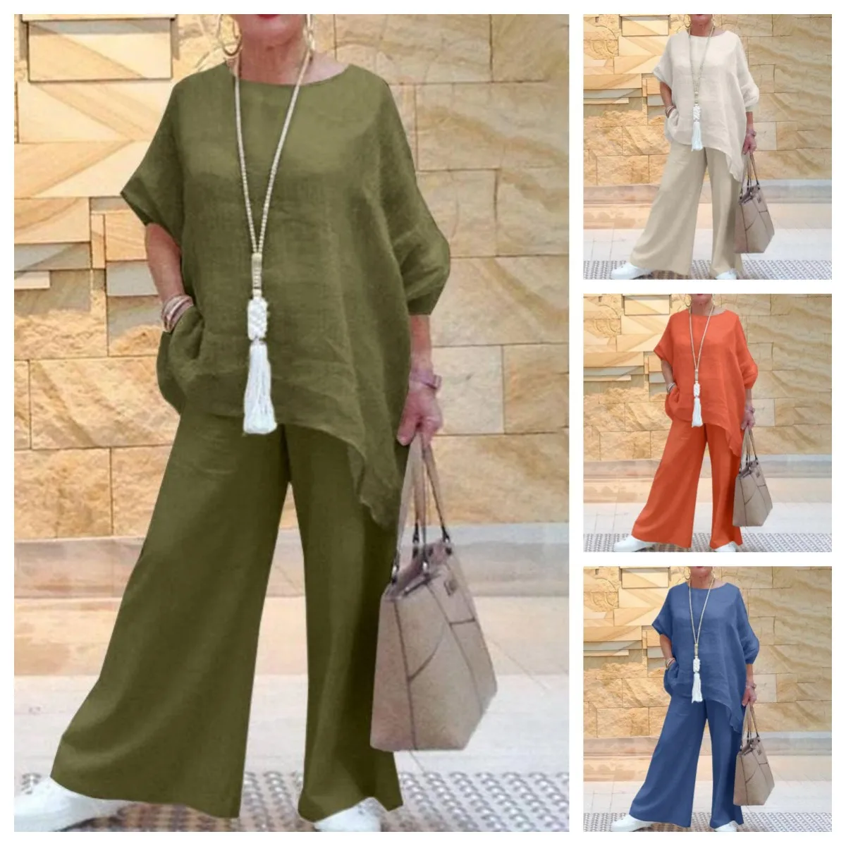 

Linen Ladies Blouse Shirt Wide Leg Pant Suit Set Loose Casual Female Women Long Sleeve O-Neck Blouse Pullover Top Sport Outfit