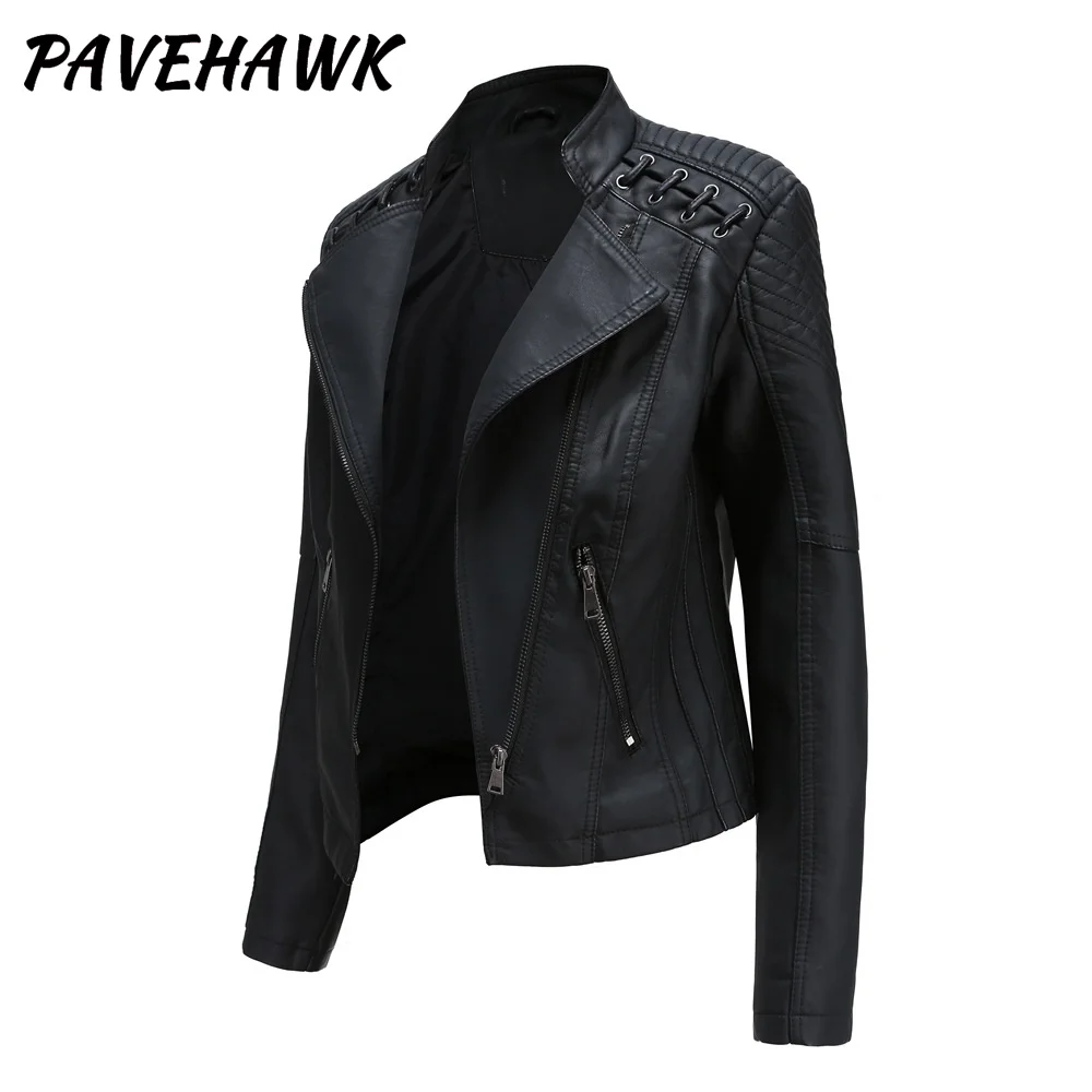 Women Pu Leather Jackets Autumn Winter Lapel Zip-up Black Motorcycle Punk Jacket Slim Fit Long Sleeve Streetwear Casual Coats