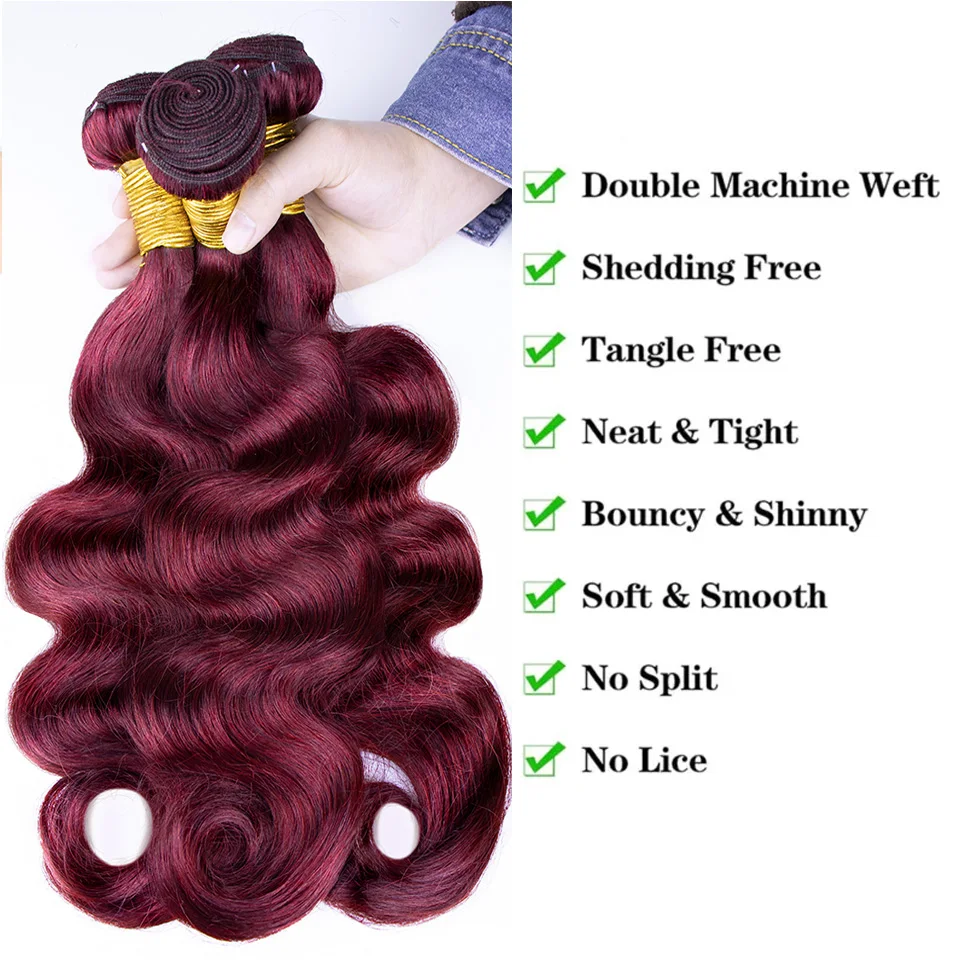 99J بورجوندي حزم الشعر البشري الجسم موجة حزم 100% البرازيلي حزم الشعر البشري نسج تمديد اللون # 99J للنساء السود #4