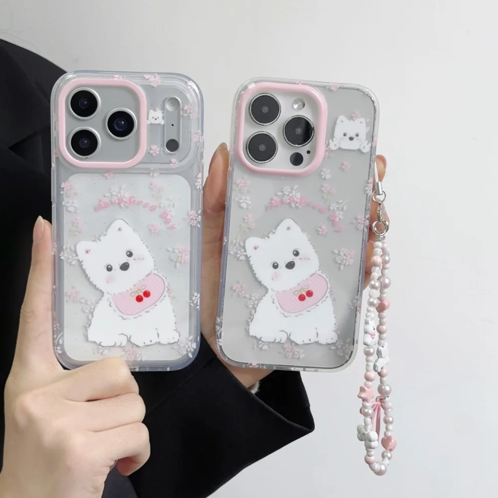 

Cute sweet translucent fashion floral puppy phone case for iPhone16 17ProMax1415Pro fundase Korea INS shockproof protective case
