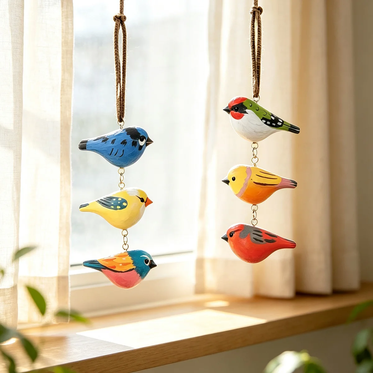 Bird Wind Chime, Hand-Painted Wooden Bird Ornament, Handmade Bird Mobile, Bird String Gift, Rustic Woodland Ornament, Nature Dec