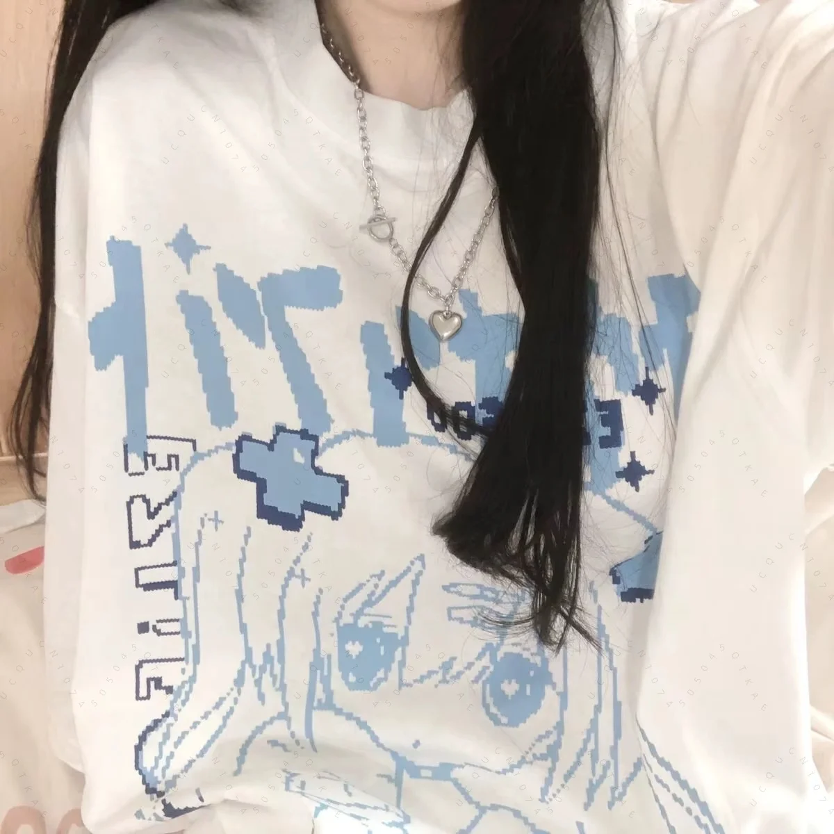 تي شيرت نسائي على الموضة مطبوع عليه الرسوم المتحركة اليابانية تي شيرت كبير الحجم 2026 Blusas Mujer De Moda ملابس علوية غير رسمية فضفاضة Y2k للمراهقين