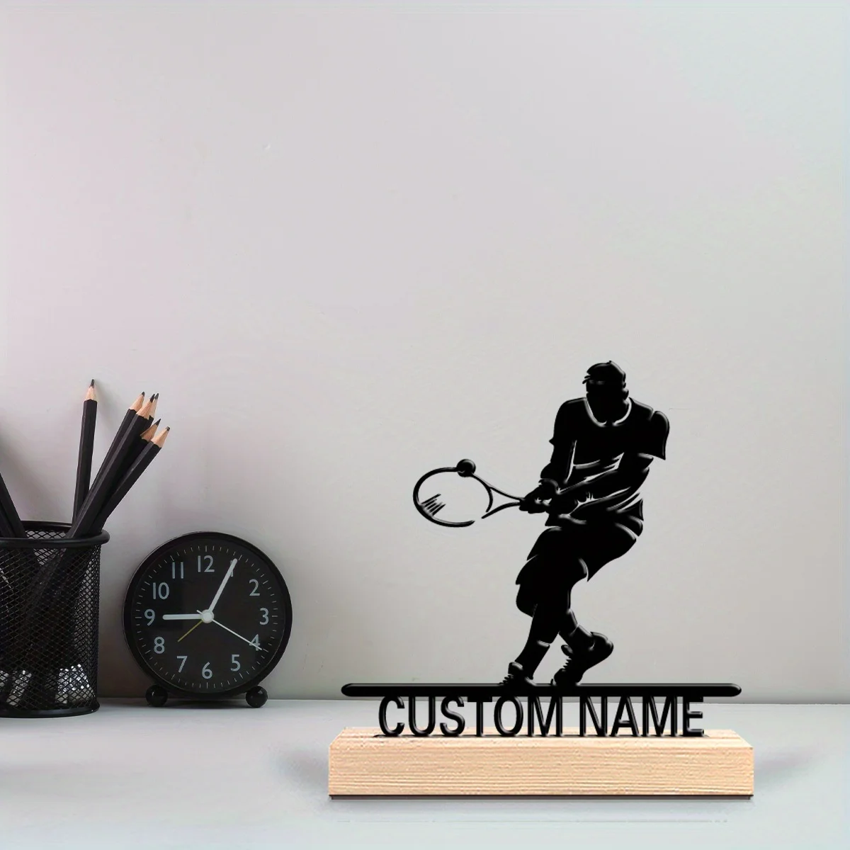 Personalized Tennis Player Metal Statue With Wooden Base, Custom Name Desktop Trophy Gift For Tennis Lovers Birthday Home Decor view 4