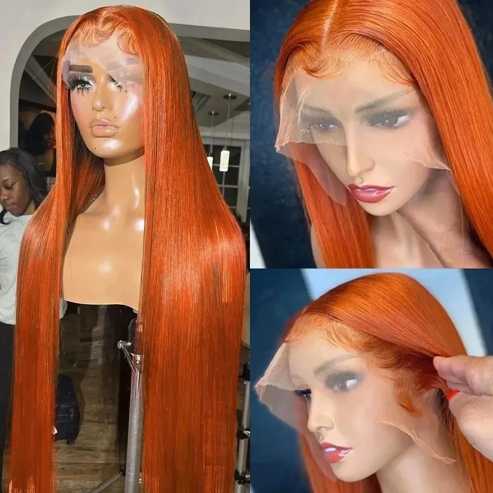 Pelucas delanteras de encaje de jengibre naranja liso de hueso de 200 de densidad cabello humano 350 peluca Frontal de encaje transparente 13X5 HD de color brasileño