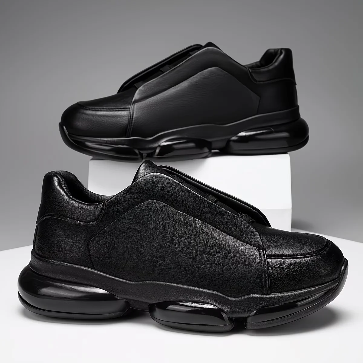 

Unisex Minimalist Black Leather Sneakers Air Cushion Platform Shoes Slip-On Fashion Casual Shoes