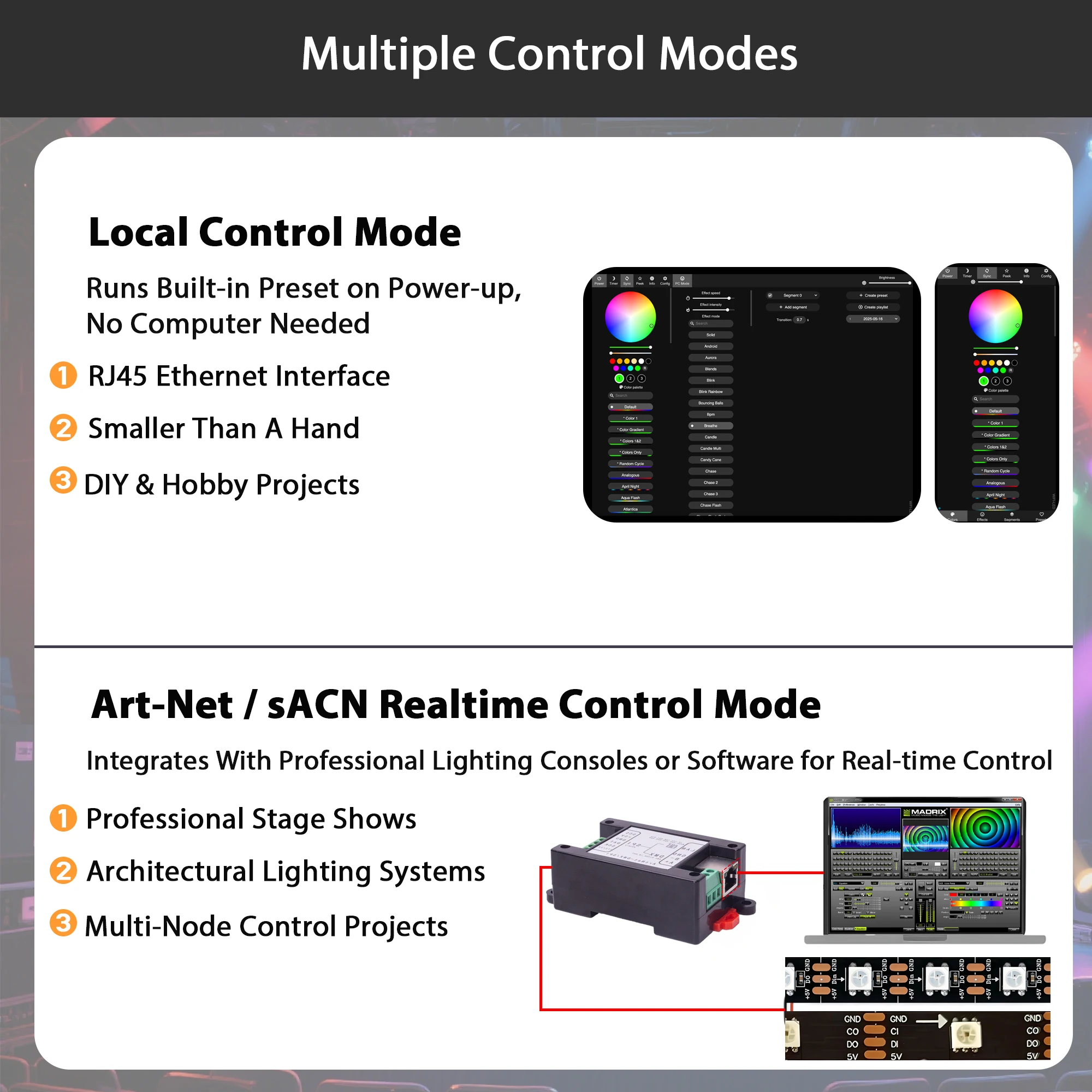 Controlador LED Pknight Art-Net para DMX/SPI, firmware WLED, web configurável, suporta 512 canais DMX ou 2048 SPI