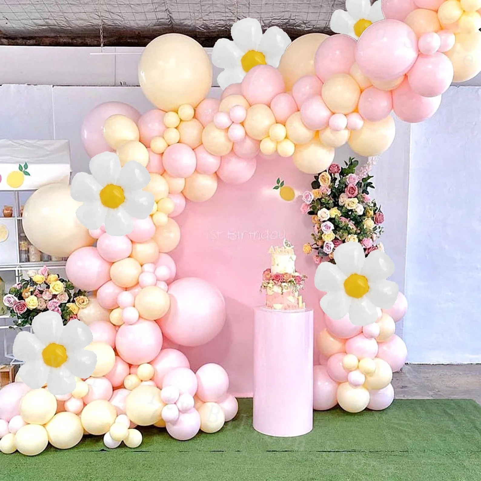 Gänseblümchen Luftballons Girlande Bogen Kit Macaron Pastell rosa gelb Boho groovy Party Baby party