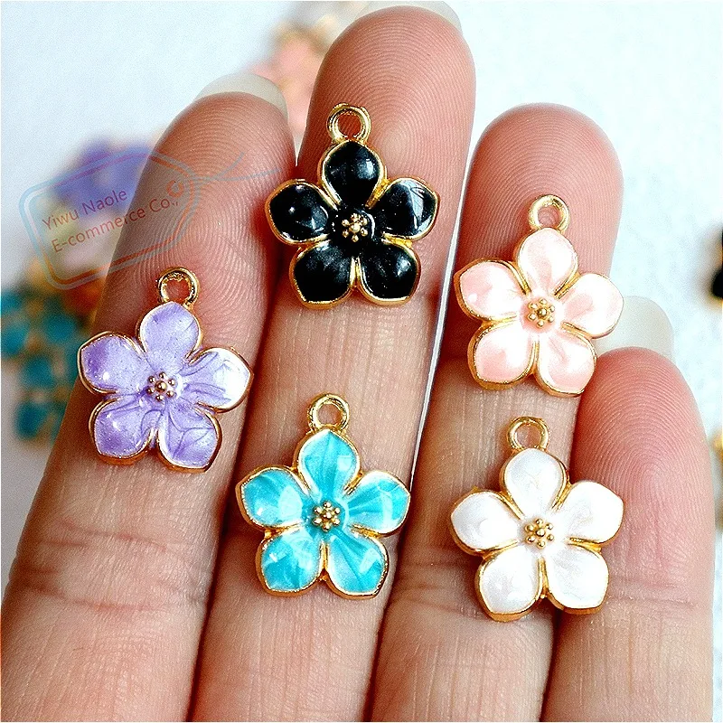 10pcs Sakura Flower Alloy Enamel Pendant Metal Shining Charms DIY Necklace Bracelet Earring Keychain Jewelry Accessory Component