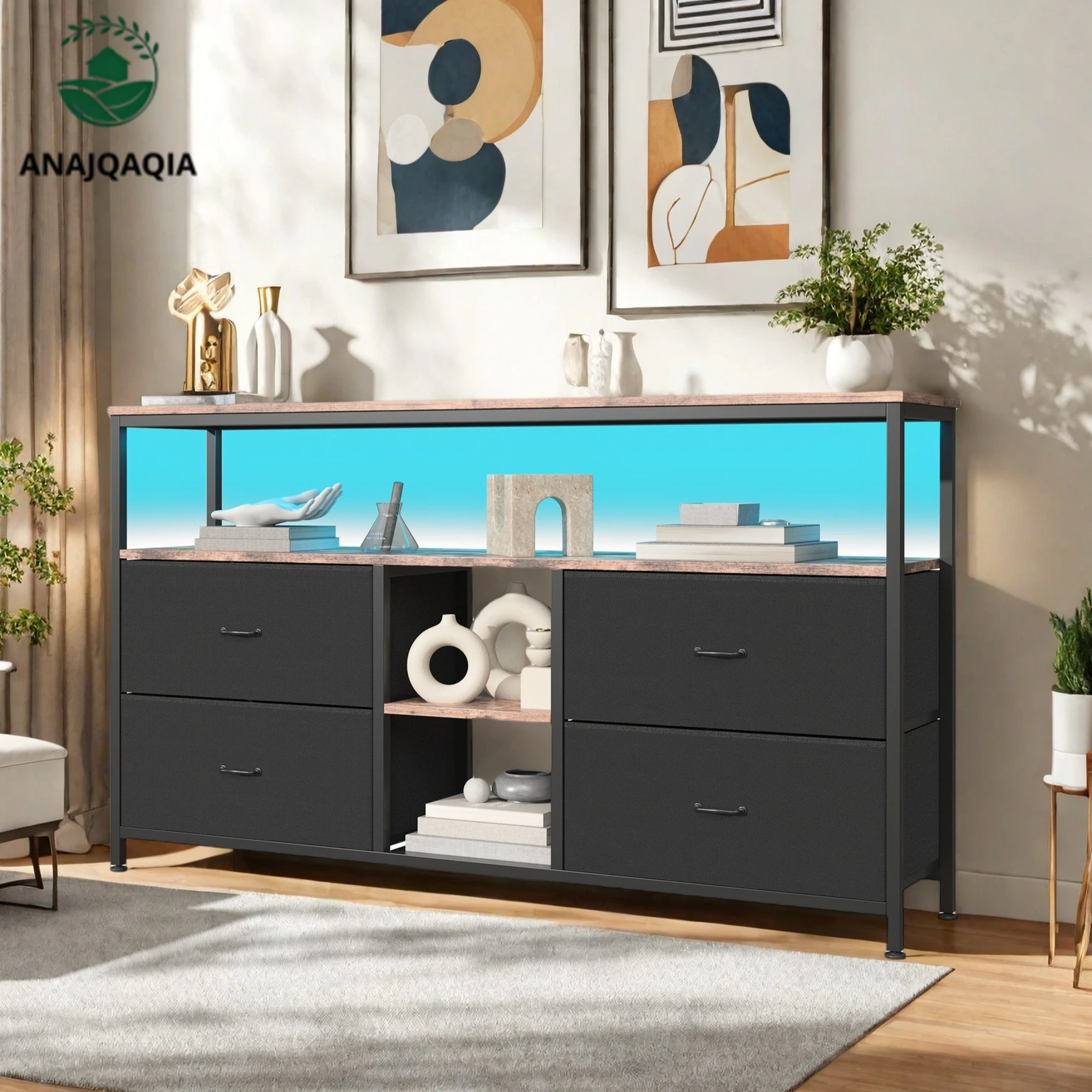 Armoire de rangement pour salon Anajqaqia 108x29,8x76,8 cm, meuble TV avec éclairage LED, 4 tiroirs en tissu amovibles, structure en métal et dessus en bois