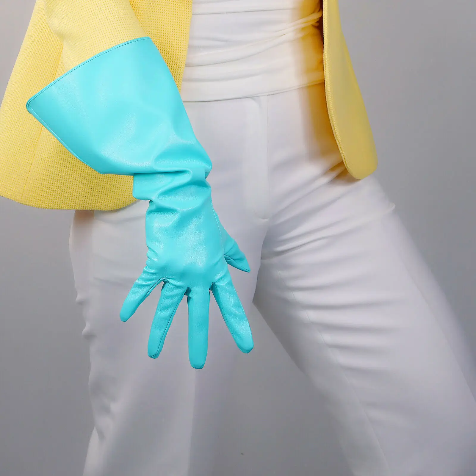 

LONG FASHION GLOVES Loose Puff Sleeves Faux Leather Aqua Blue Robin Mint Green Evening Gala Red Carpet Dressing Cosplay Glove