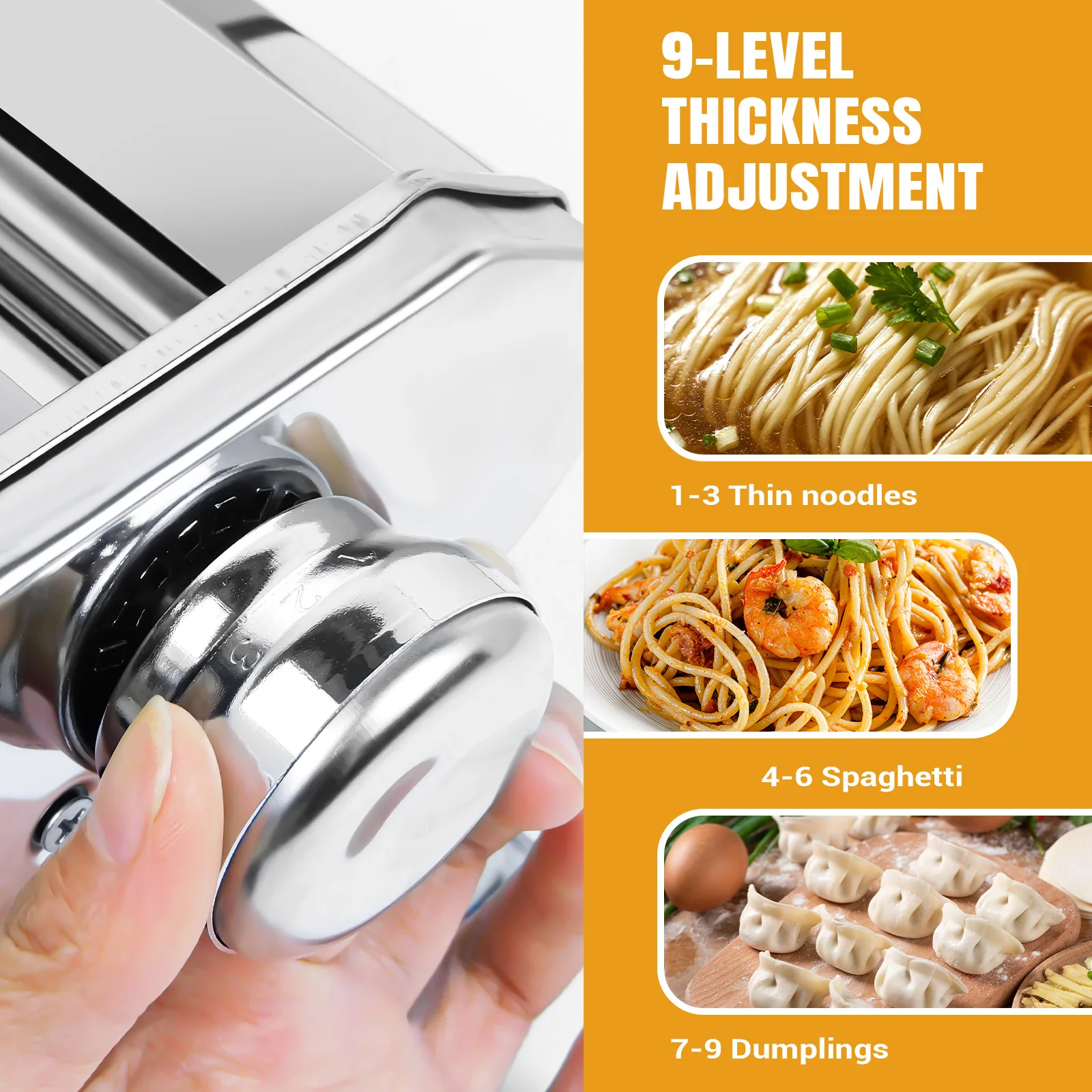 Pasta maker machine making fettuccini noodles showing cutting attachment in use