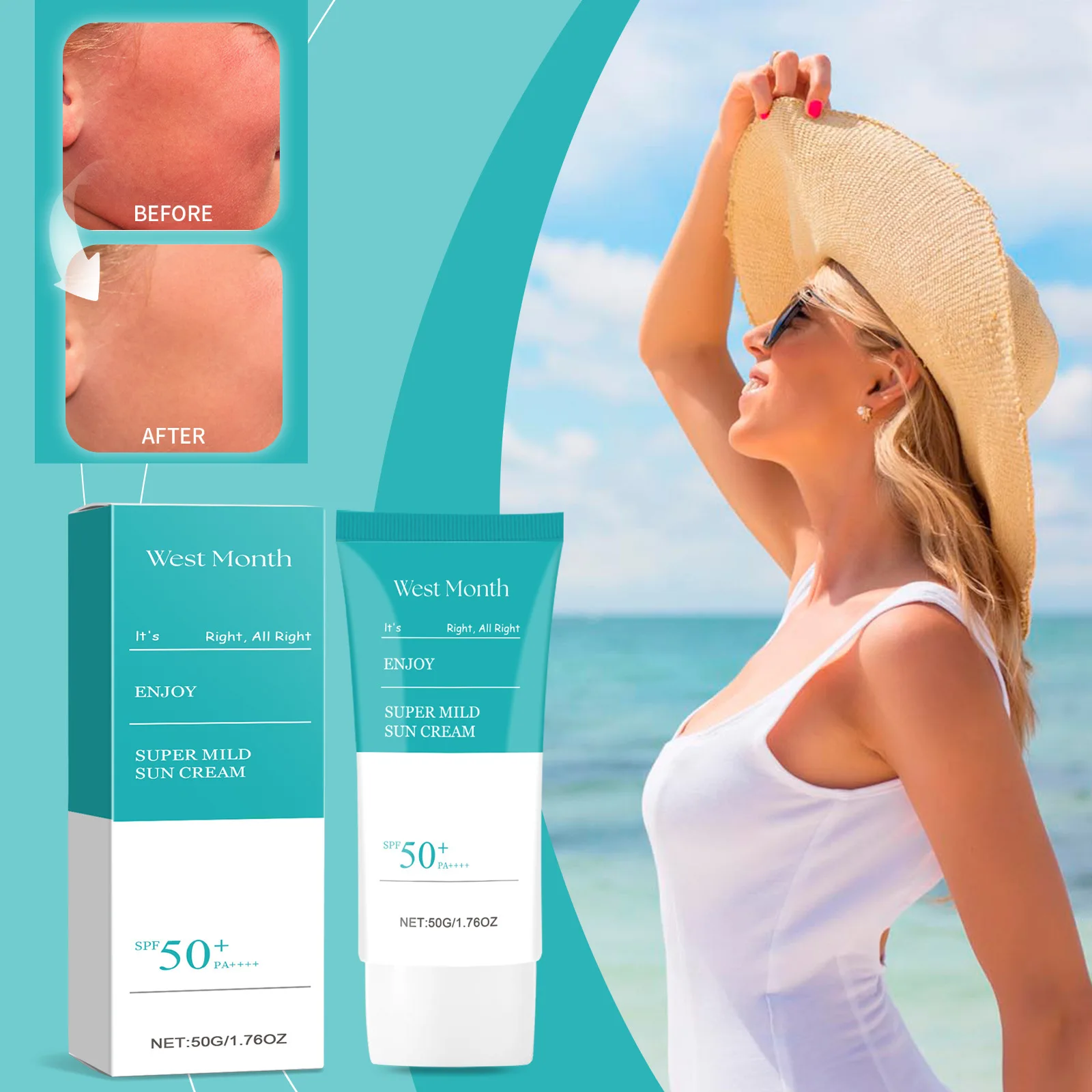 

West&Month 50g Spf50 Hyaluronic Acid Sunscreen Uv Protective Anti Sun Summer Outdoor Anti Oxidant Moisturizing Solar Block Crea