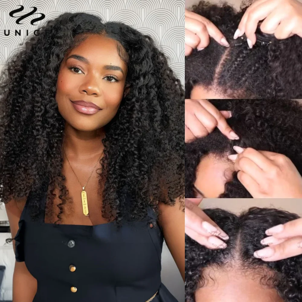 Unice-Kinky Curly V-Shaped Parte peruca, deixar de fora, sem cola, 100% perucas de cabelo humano, iniciante amigável, V Peruca Parte, 150% Densidade