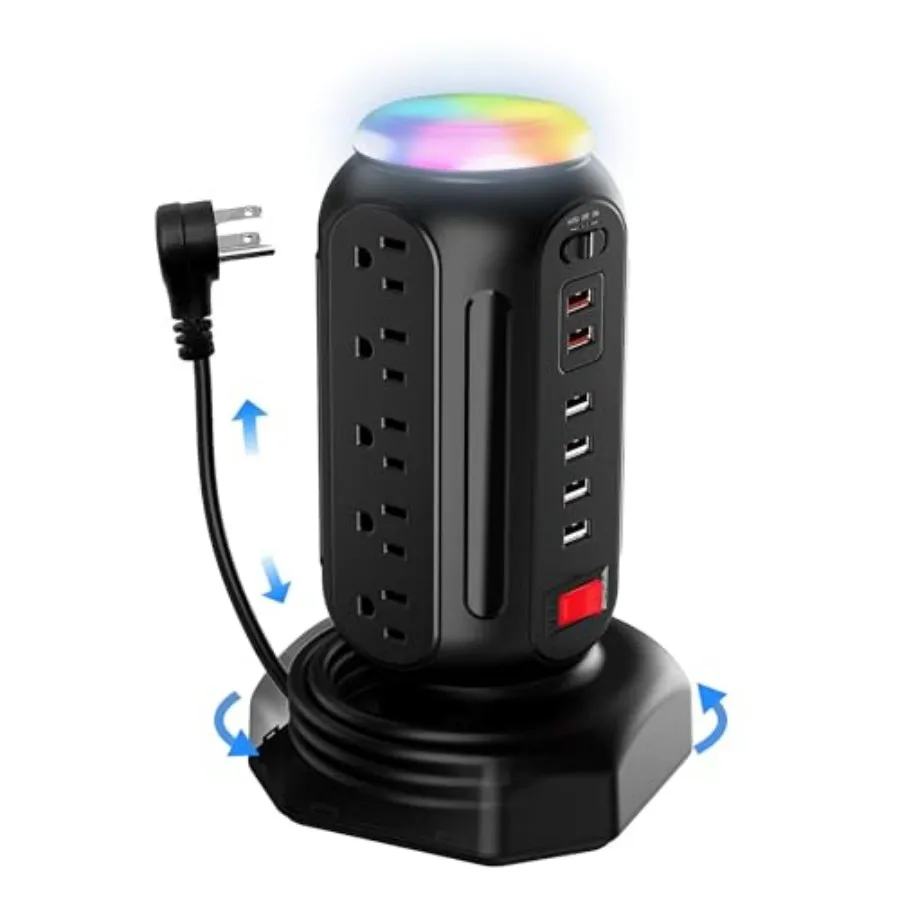 Power Strip Tower with Colorful Nightlight, 15 AC Outlets and 6 Fasting USB Ports, Retractable Extension Cord with Multiple Outlets, 900 J Surge Protector with Right Flat Plug (Black)