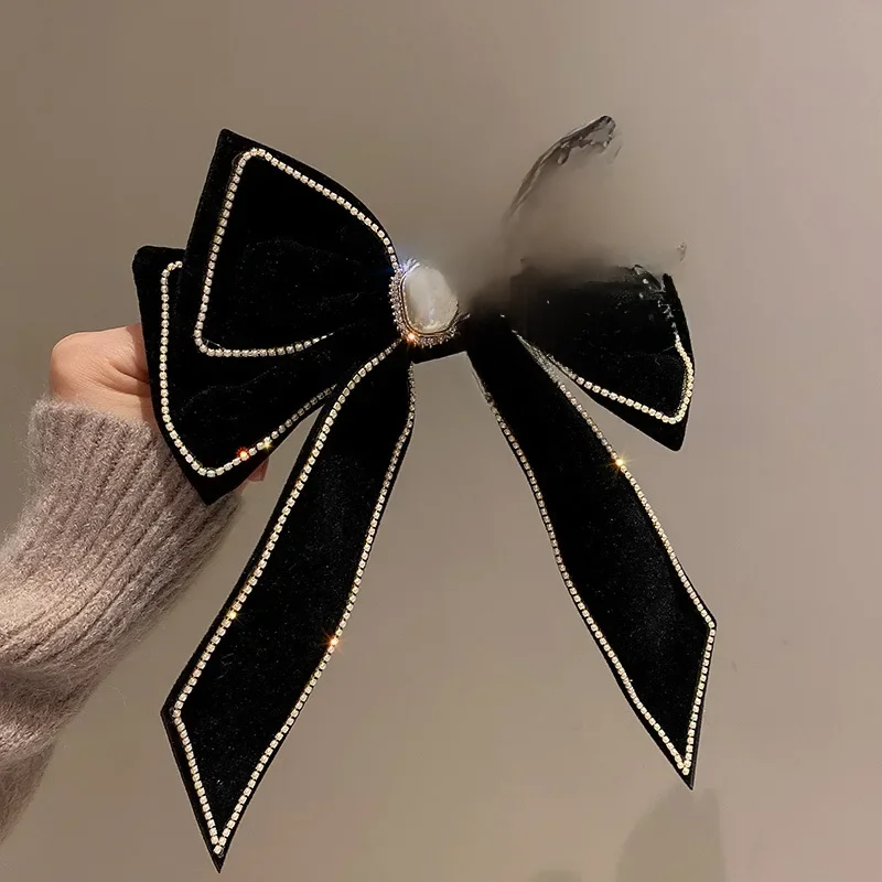 Koreański aksamitna kokarda szpilki do włosów tkaniny Rhinestone Pearl spinki do włosów dla kobiet Luxulry biżuteria zacisk sprężynowy Gils akcesoria do włosów — zdjęcie 2