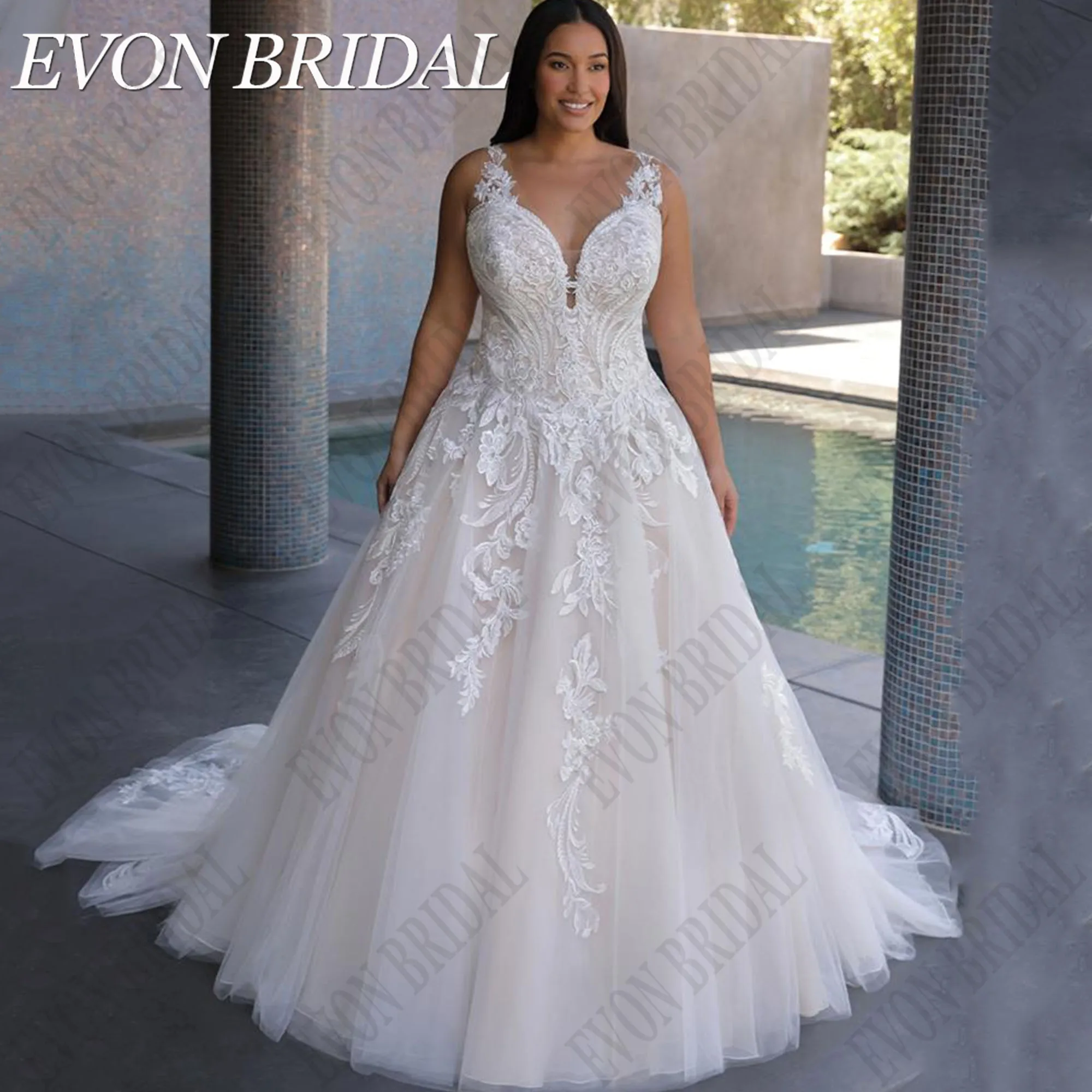 

EVON BRIDAL Elegant Long Tail Air Tulle Spaghetti Straps Wedding Dress Plus Size Applique A-Line Vestidos De Novia Customized