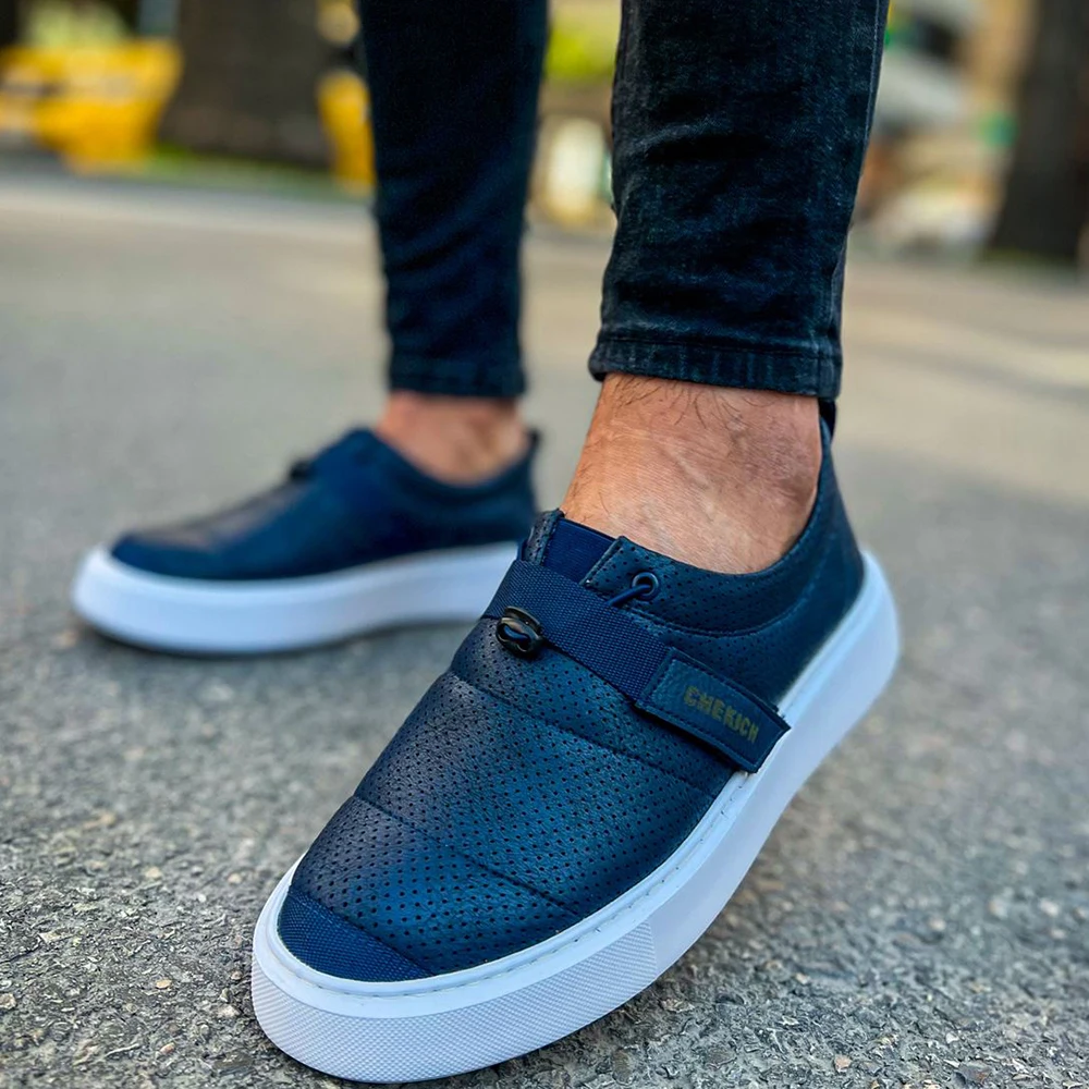 FOH Store Men Shoes NAVY BLUE Color Non Leather Elastic Band 2023 Spring and Fall Seasons New Fashion Casual Breathable Sneakers Suits Comfortable Solid Sole Office Fashion Wedding Walking Lightweight 147