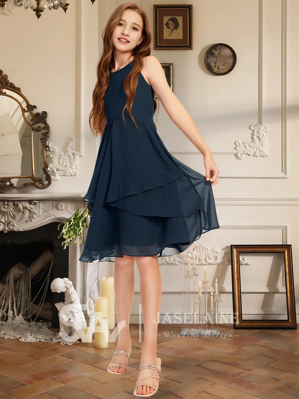 Шифоновое платье трапециевидной формы длиной до колена для юных подружек невесты без рукавов с молнией сзади, платье с цветочным узором для девочек, свадебная вечеринка, официальное мероприятие