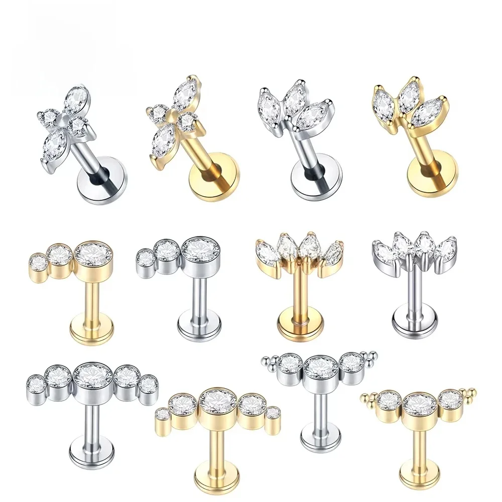 Piercing Labret en titane couleur or, 1 pièce, Helix, oreille, Tragus, Pirsing, Zircon cubique, clous à lèvres, anneau, Cartilage, boucle d'oreille, bijoux