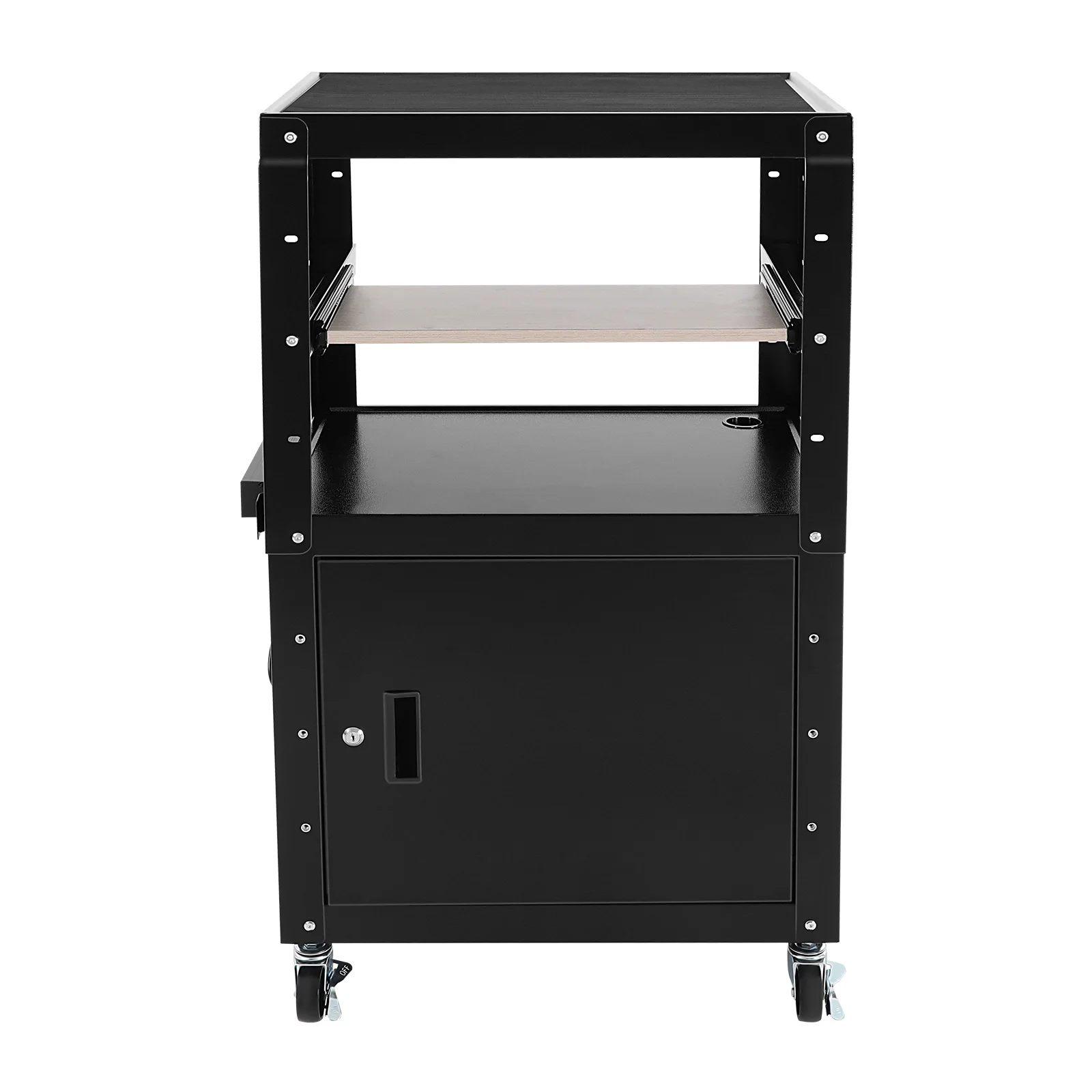 Steel Large AV Cart with Extra Storage - Adjustable Height Cart with Locking Cabinet, Pullout Tray, Power Strip,Easy to Assemble