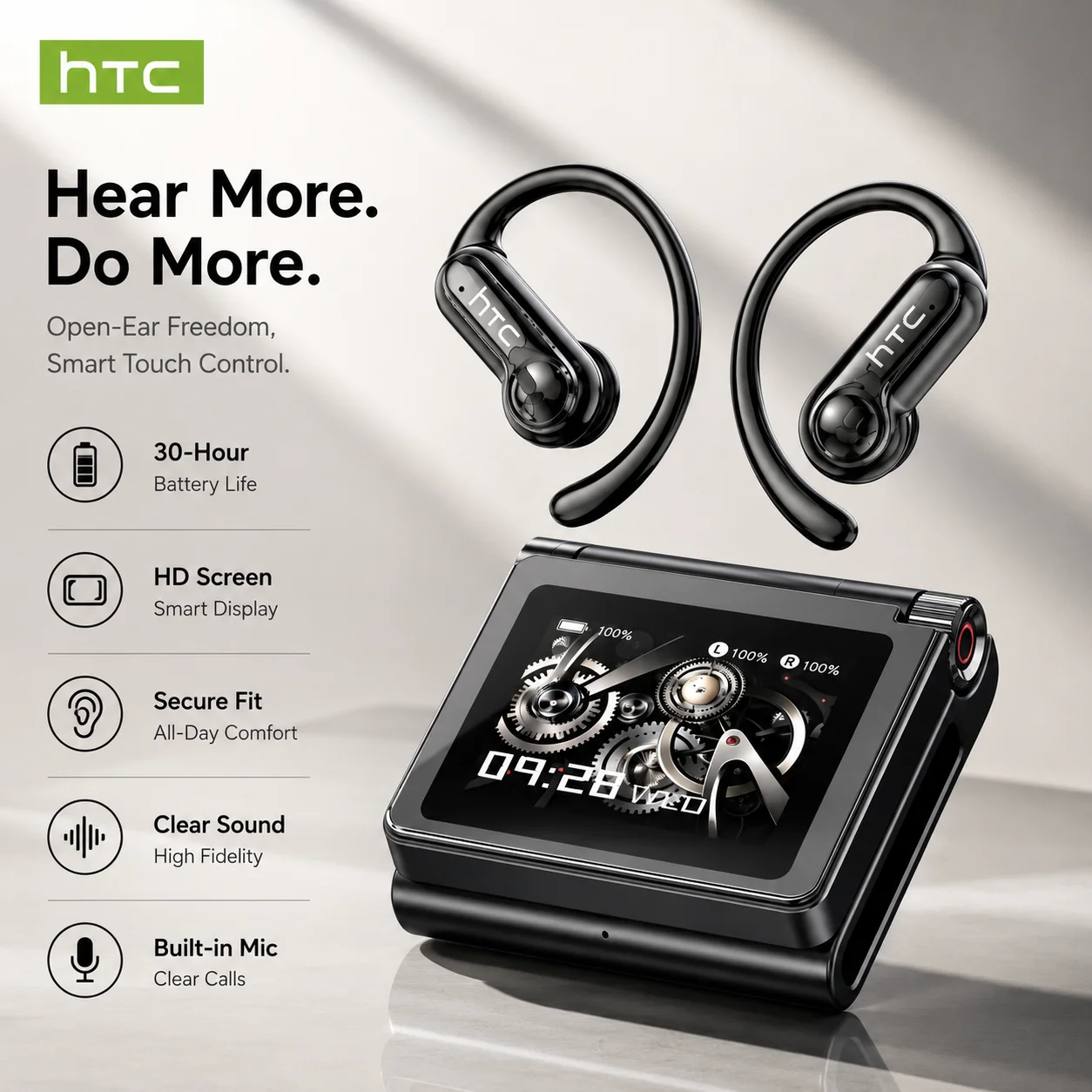 Casque Bluetooth sans fil à oreilles libres NE80 avec écran HD, microphone sportif, autonomie de 30 heures, audio stéréo HiFi, commande tactile, ajust