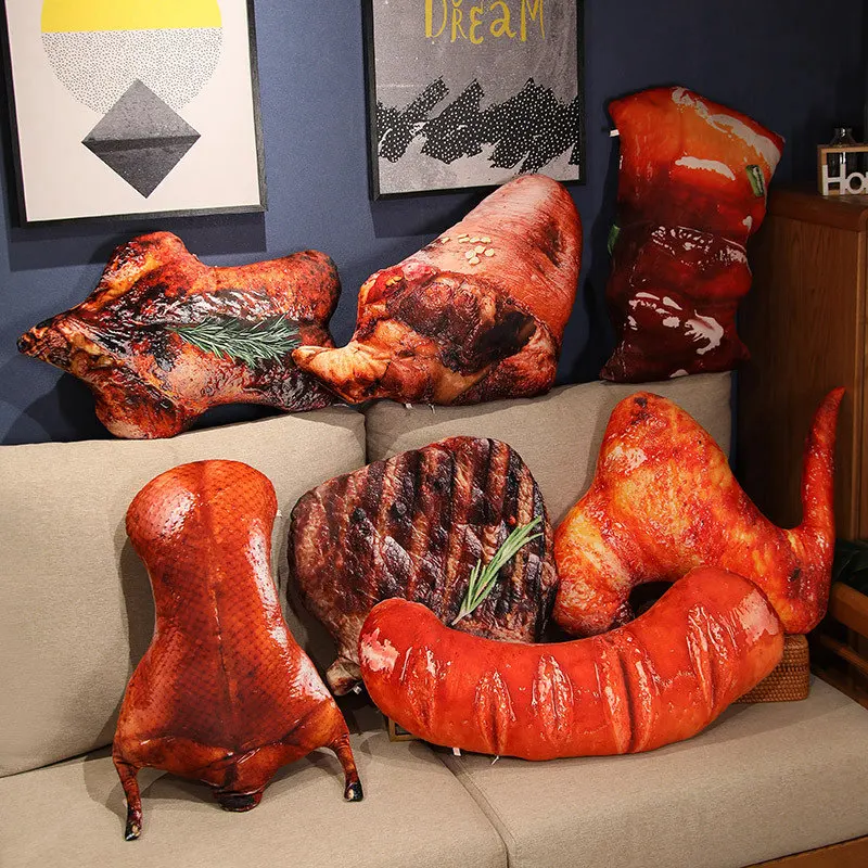 Simulación de comida de peluche, salchicha, pierna de pollo, almohadas rellenas, alas asadas, costillas de carne, cojín suave divertido, juguetes creativos para hornear para niños