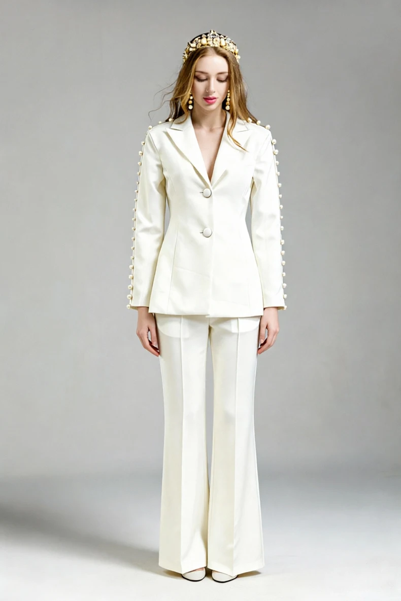 Women's White Blazer & Pants Set  Double Breasted Notched Lapel Suit with Pearl Buttons Trim - Elegant Office Workwear Outfit