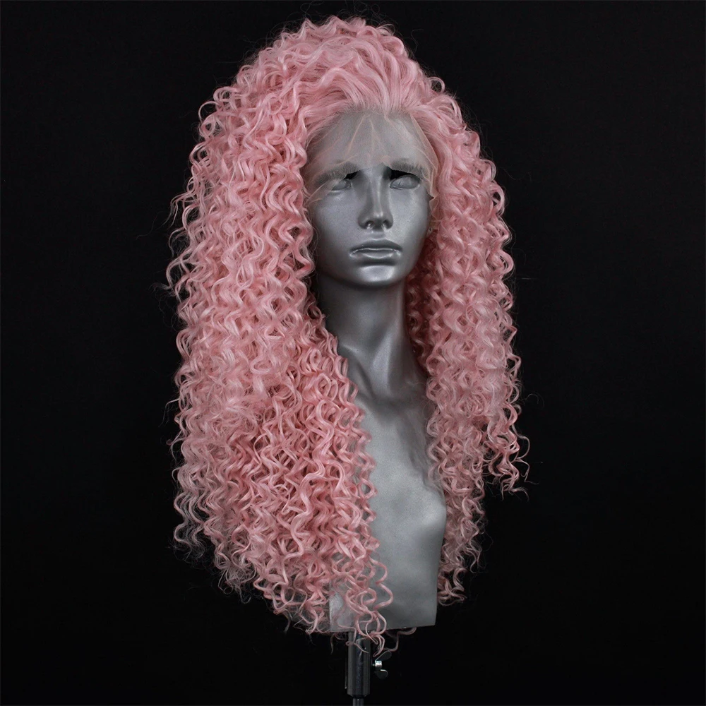 High Quality Synthetic Fibre Pastel Pink Blend Human Hair Wig Heat Resistant Curly Texture Lace Front Wig Side Part Thick Curls