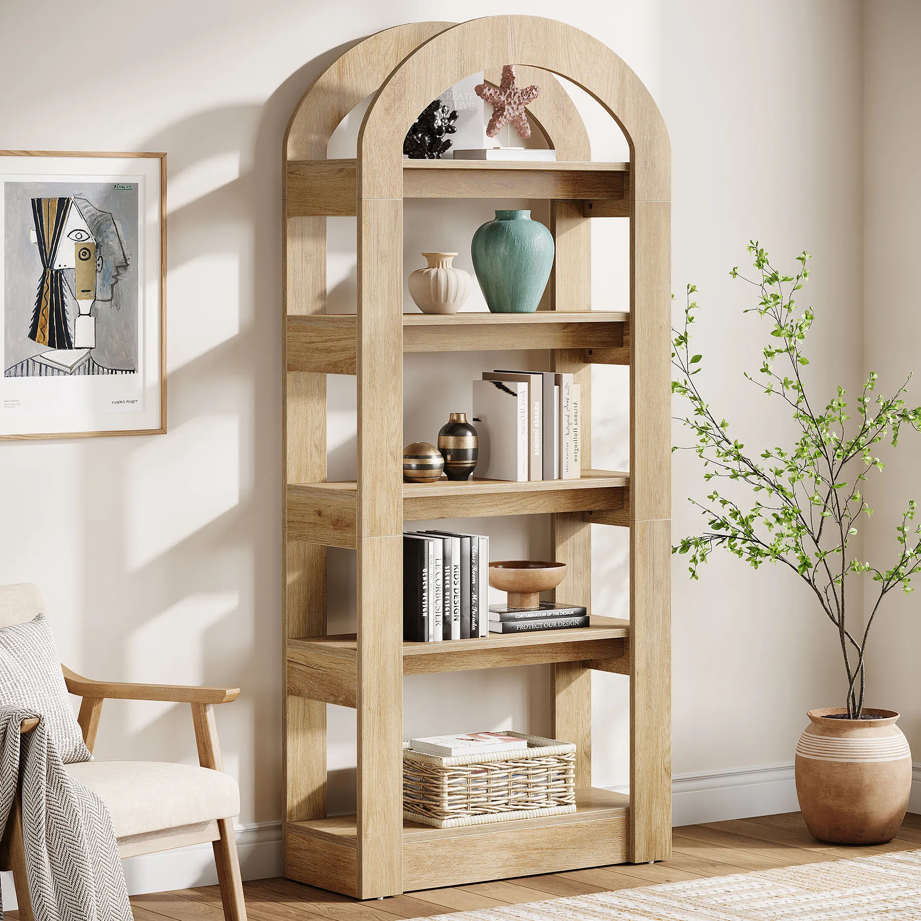 Libreria in legno Tribesigns, con 5 ripiani a forma di arco, altezza 182 cm, libreria in legno da appoggio, soluzione moderna per l’organizzazione, colore teak.