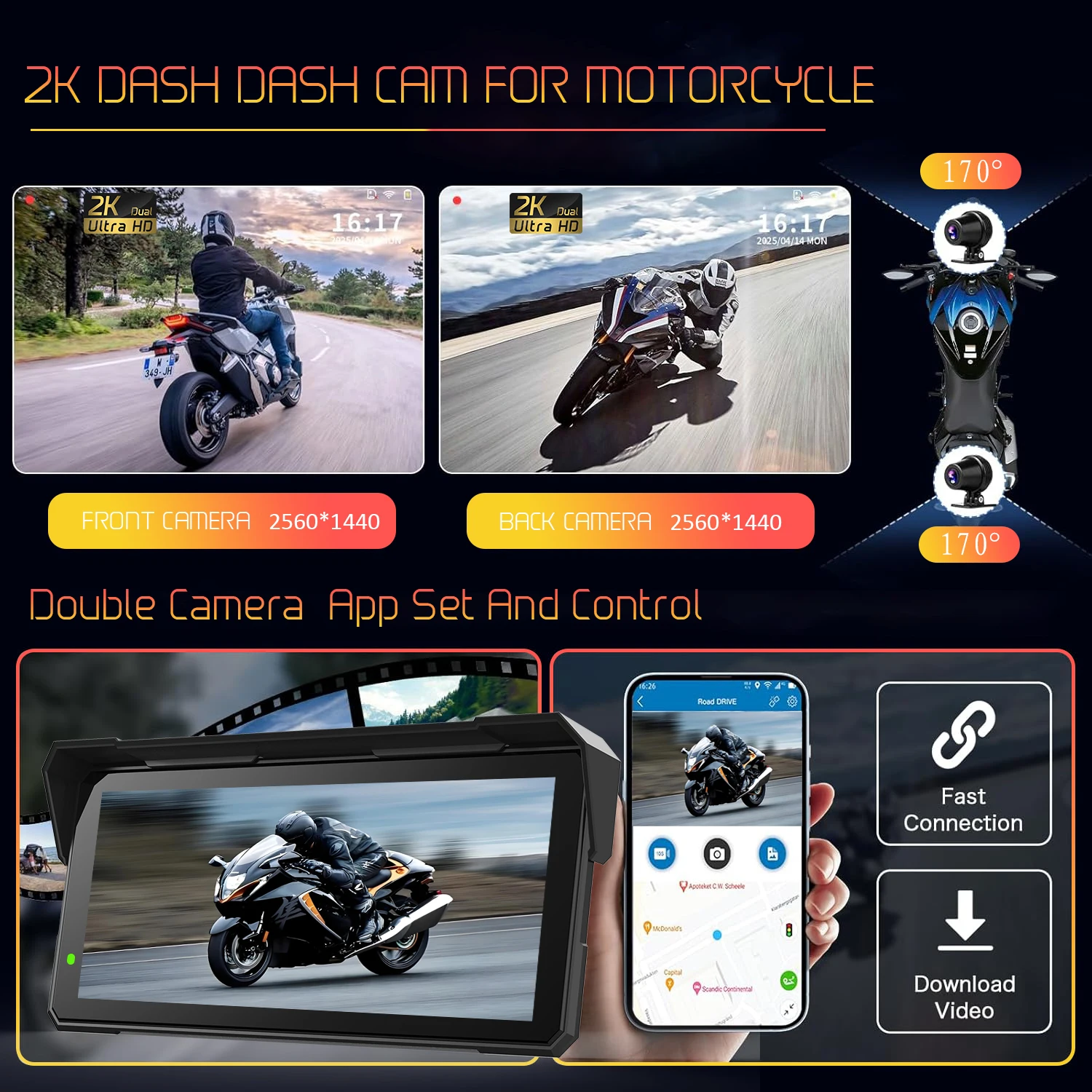 Carplay دراجة نارية أندرويد السيارات TMPS 2K عدسة مزدوجة داش كام واي فاي بلوتوث IPS شاشة تعمل باللمس دعم سيري/جوجل التحكم الصوتي #3