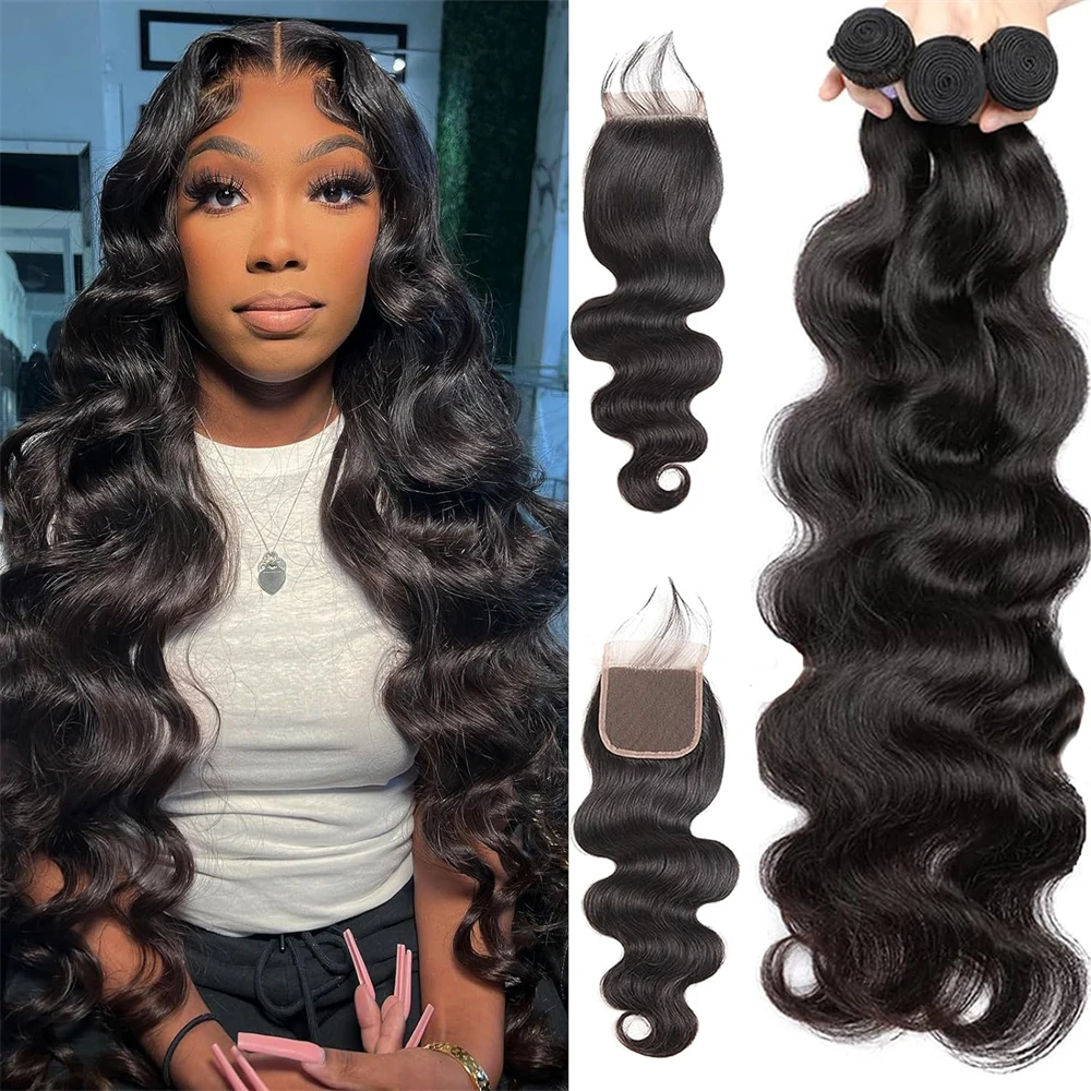 

32 Inch Burmese Body Wave Human Hair Bundles With Closure 3 Bundles With 4x4 Lace Closure Curly Virgin Hair Weave Hair Extension