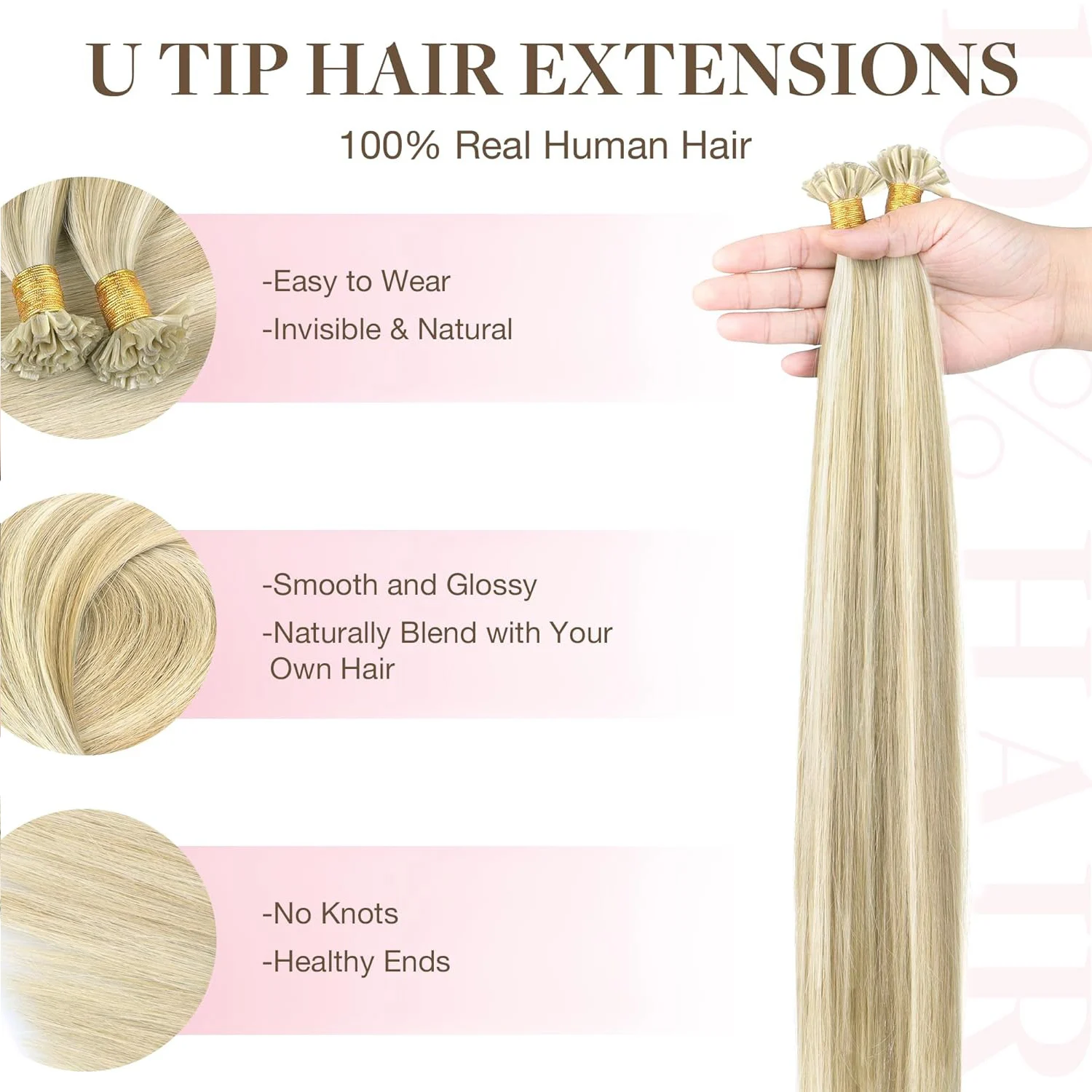 U Tip Hair Extensions 100% Human Hair Nail Tip Hot Fusion Italian Keratin Hair Extensions 50 Strands Highlight Blond Color