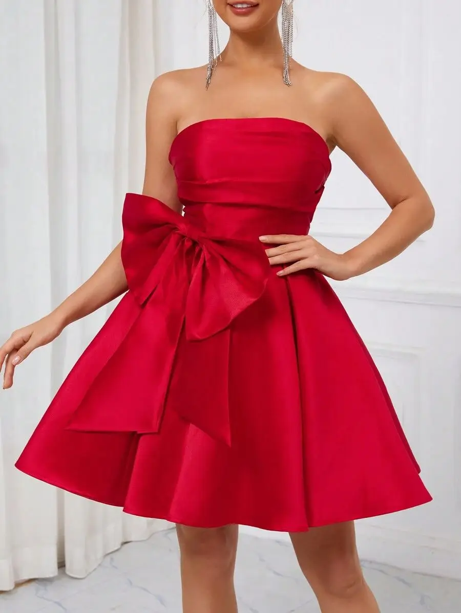 

A-Line Red Satin Mini Cocktail Dresses Fluffy Princes 3D Large Bow Decoration Graduation Dress vestidos coctel elegantess Gowns