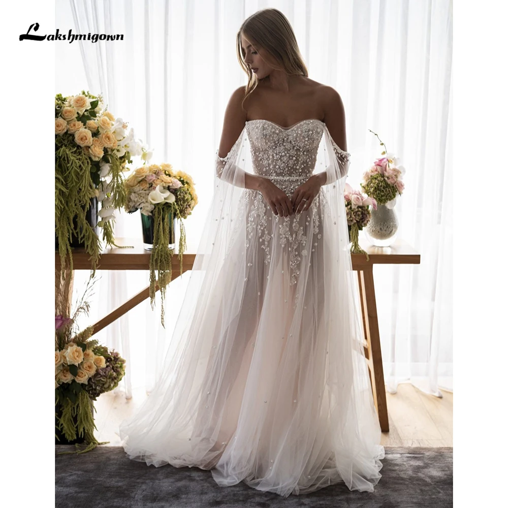 

Modern Lace Applique Pearls A Line Wedding Dress With Long Cape Sleeves Sweetheart Tulle Sweep Train Bridal Gowns Vestidos De