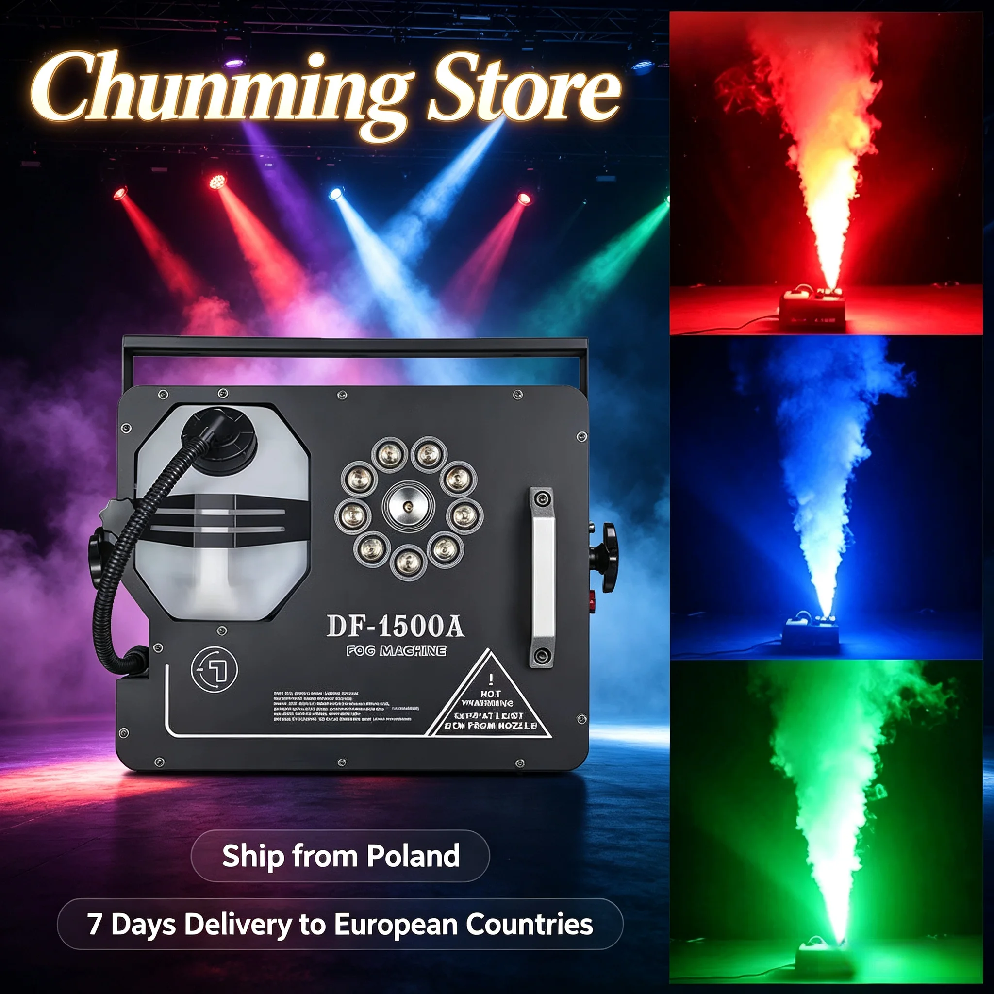 Machine à fumée verticale 1500W avec 9 lumières LED RGB 3-en-1 intégrées, équipement d'effets de scène contrôlé par DMX512, équipé d'une télécommande sans fil, idéal pour DJ, discothèque, bar de nuit, cérémonie de mariage et fête à thème