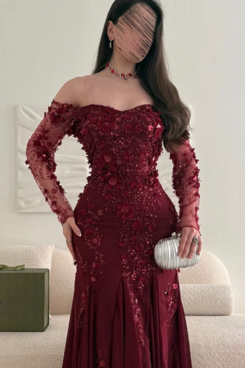 ジェシカ エレガント レース 長袖 イブニングドレス グリッター 3D デカール プロムドレス エレガント レディ フォーマルオケージョン パーティードレス