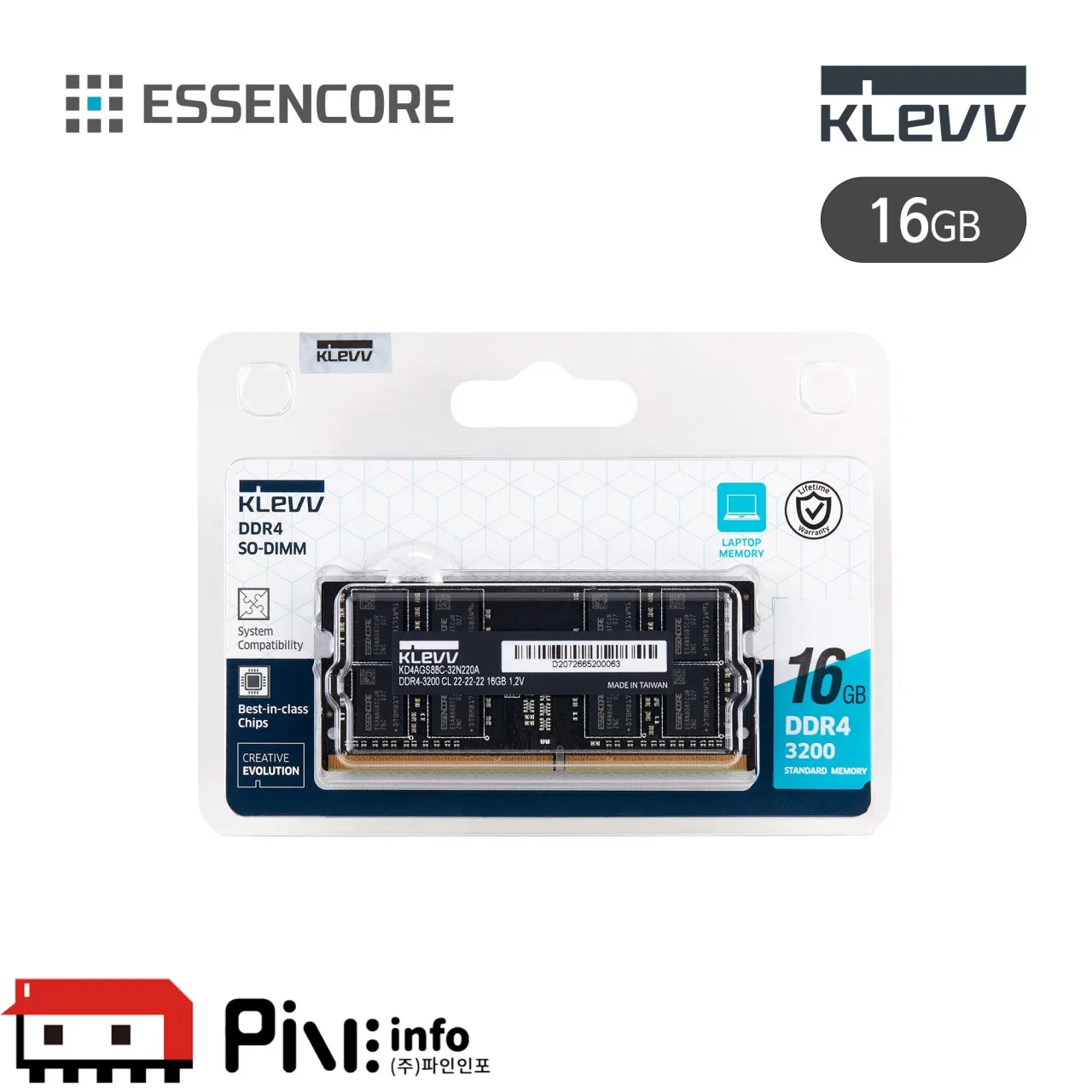 에센코어 KLEVV PC4-25600 8G/16G/32G CL22 DDR4 노트북용 파인인포 (하이닉스 칩 내장)