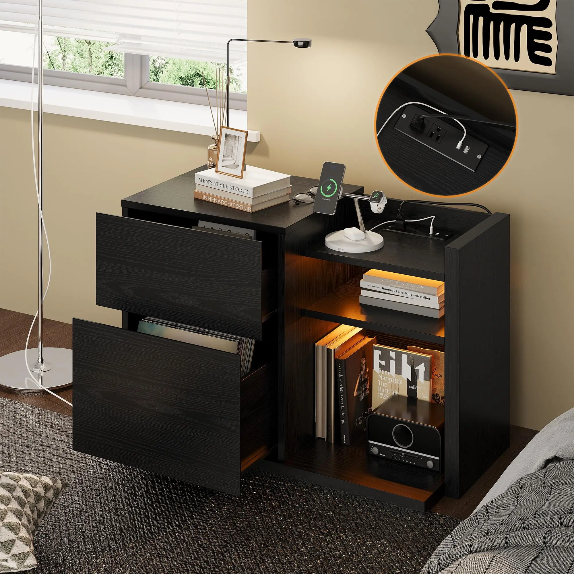 

LIKIMIO Black Night Stand with Shelves, Charging Station & LED, 2 Drawer Wooden Bedside Table Record Player Stand for Bedroom