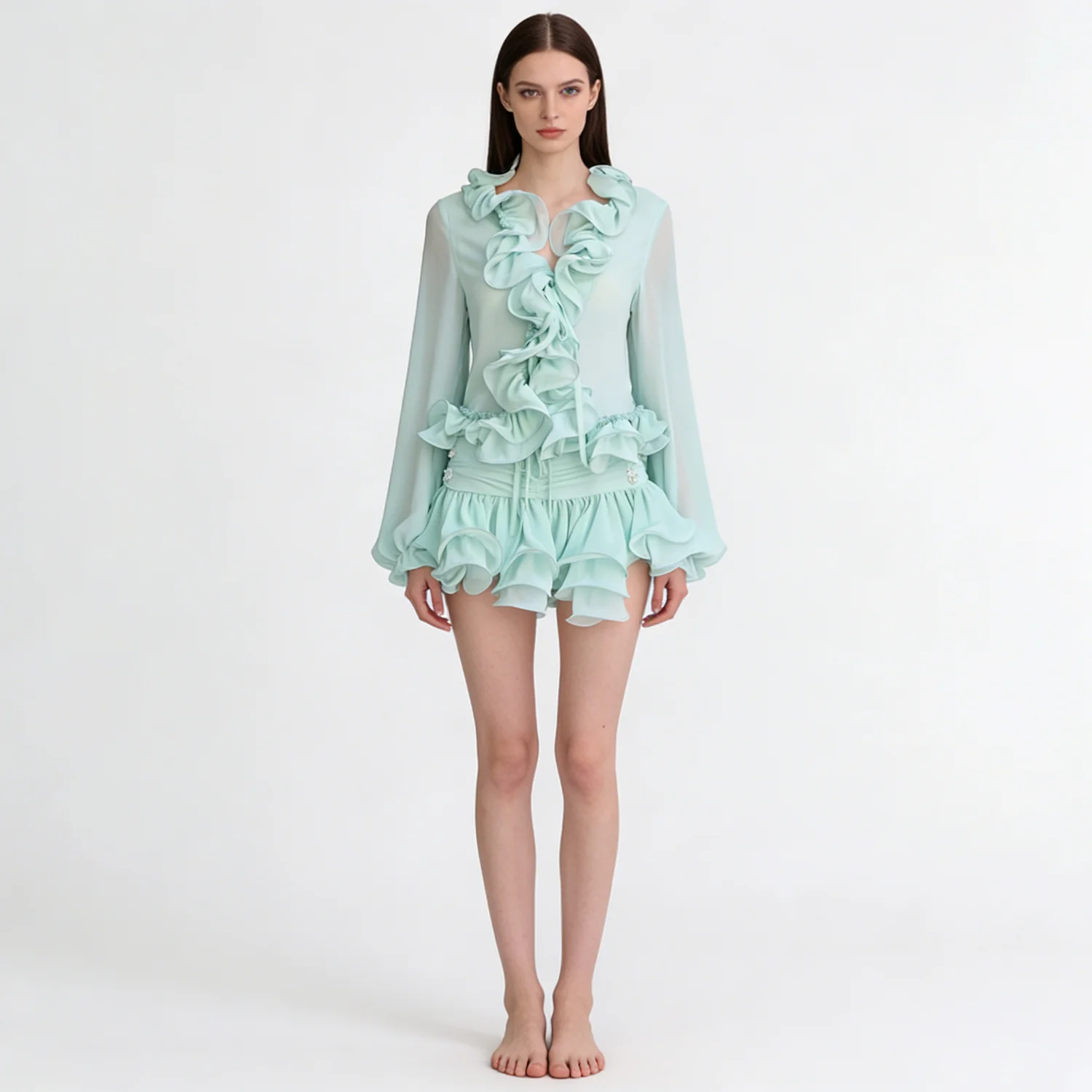 NOVA Women's Mint Green Ruffled Two-Piece Set 2026 Sheer Chiffon Long Sleeve Blouse & Ruffled Mini Skirt