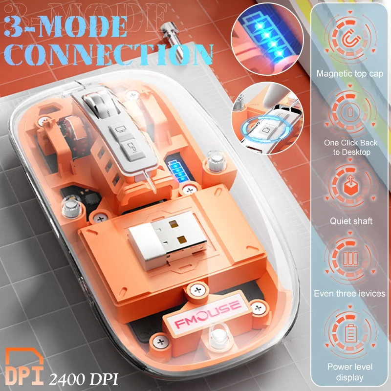 

Беспроводная мышь с прозрачным корпусом, портативная перезаряжаемая Бесшумная Bluetooth-мышь 2,4 ГГц, 2400DPI, игровая мышь с тремя режимами для ноутбука