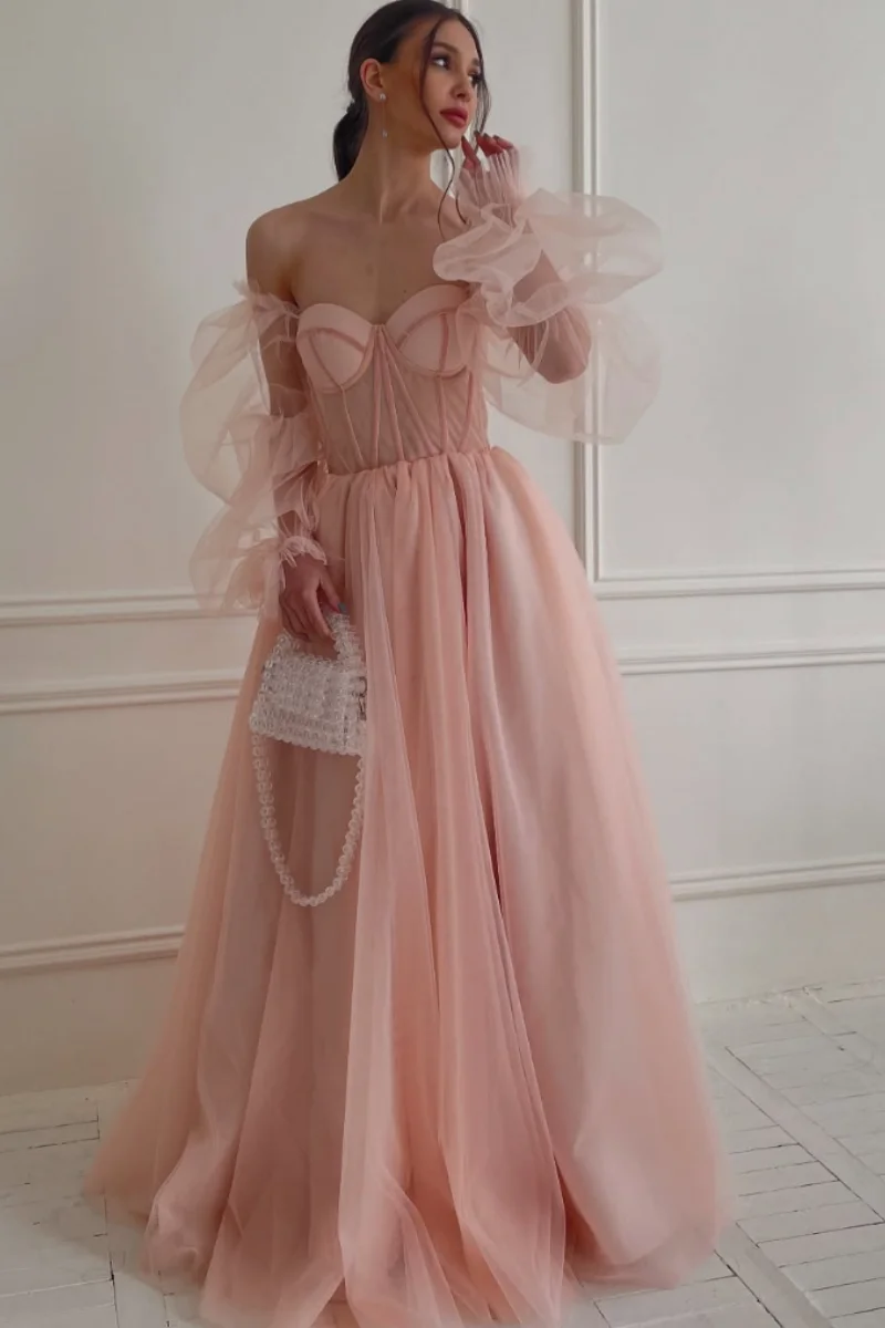 Annie Puff Long Sleeves Prom Dresses Pink Tulle Princess Evening Dresses A-line Off-shoulder Wedding Party Dresses